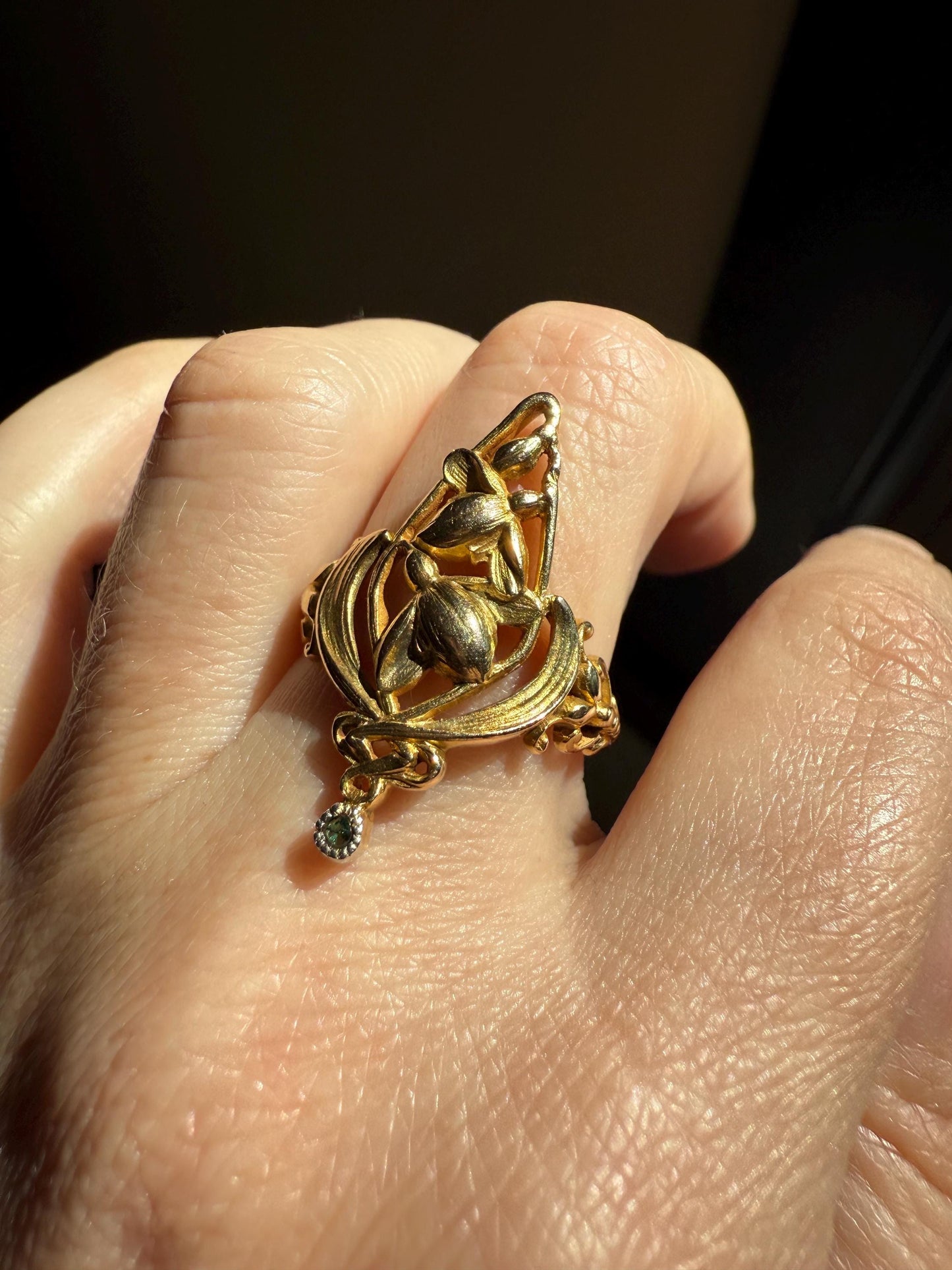 Delicious Floral French Art NOUVEAU Antique Belle Epoque Rose SWIRL Whiplash 18k Gold Ring Snowdrops Crocus Cyclamen Large 1.1" Love Gift