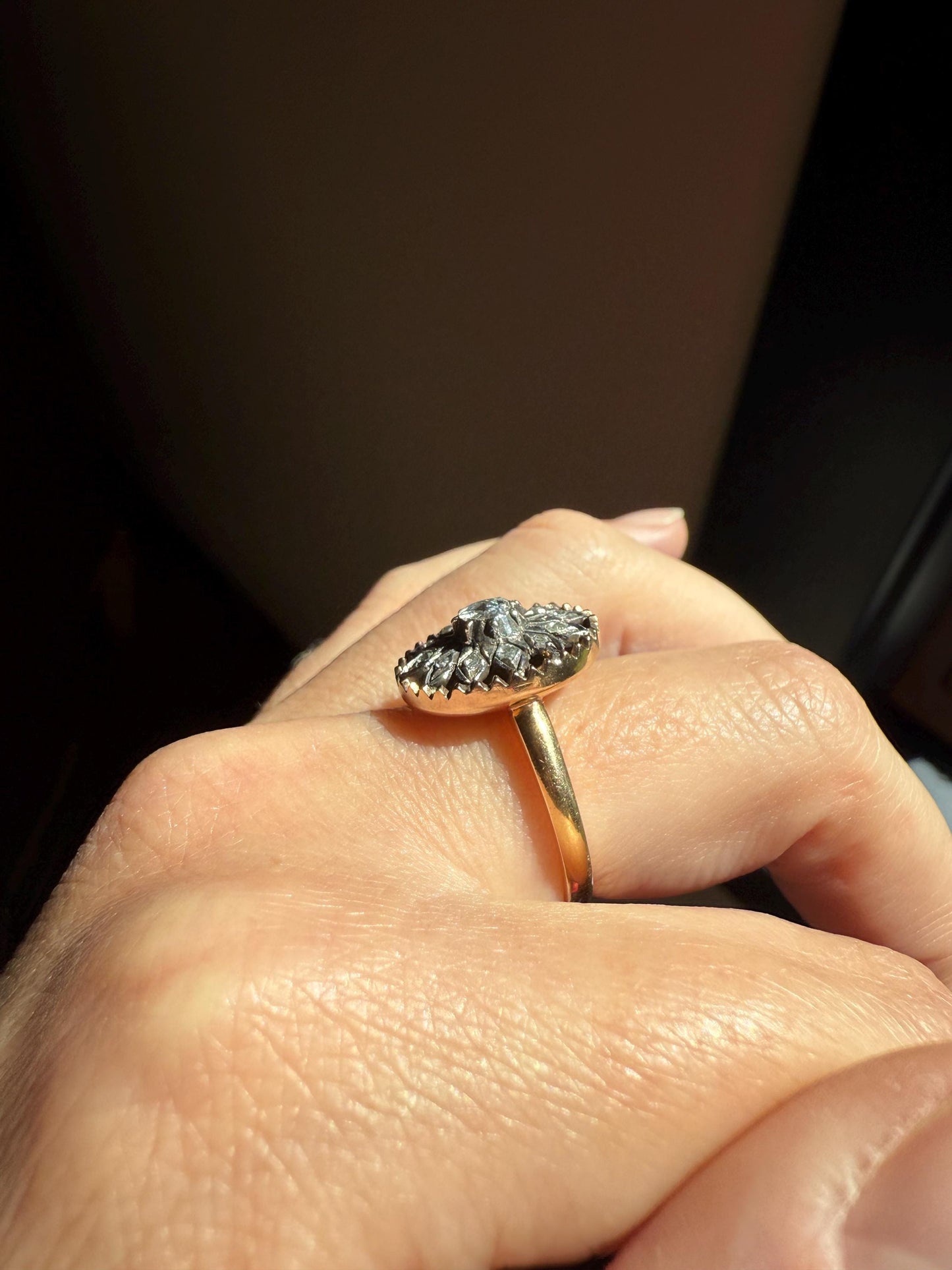 Georgian Era Antique Spanish Iberian Rose Cut Diamond Ring Oval Floral Sunburst Cupped Domed Back 18k Gold Silver Unique Foiled Stacker Gift