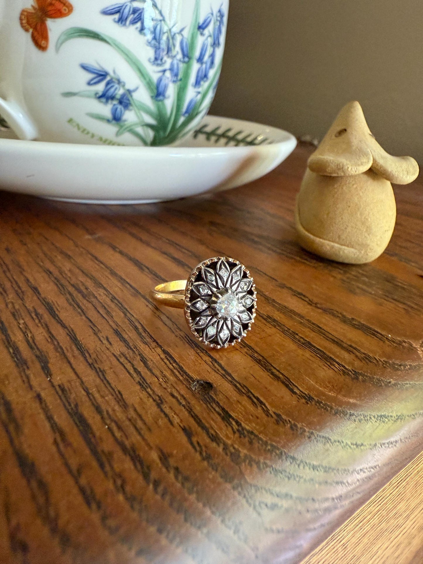 Georgian Era Antique Spanish Iberian Rose Cut Diamond Ring Oval Floral Sunburst Cupped Domed Back 18k Gold Silver Unique Foiled Stacker Gift