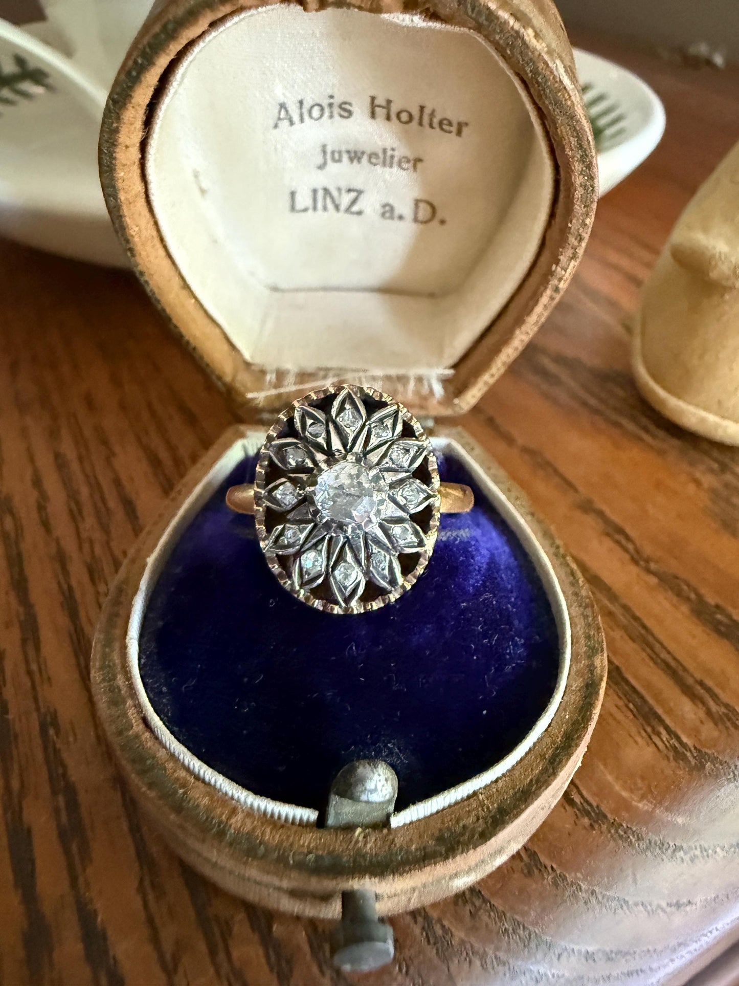 Georgian Era Antique Spanish Iberian Rose Cut Diamond Ring Oval Floral Sunburst Cupped Domed Back 18k Gold Silver Unique Foiled Stacker Gift