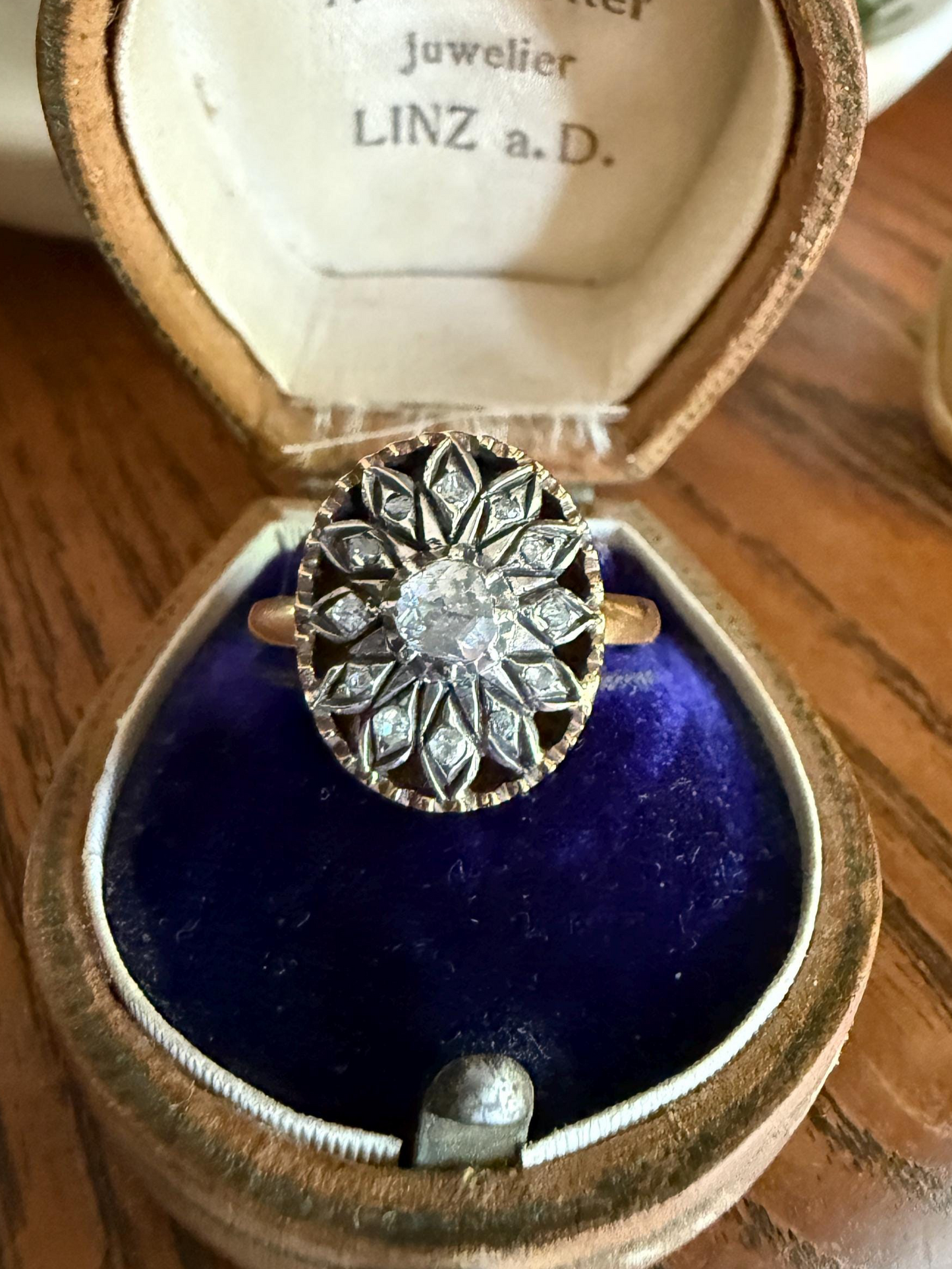 Georgian Era Antique Spanish Iberian Rose Cut Diamond Ring Oval Floral Sunburst Cupped Domed Back 18k Gold Silver
