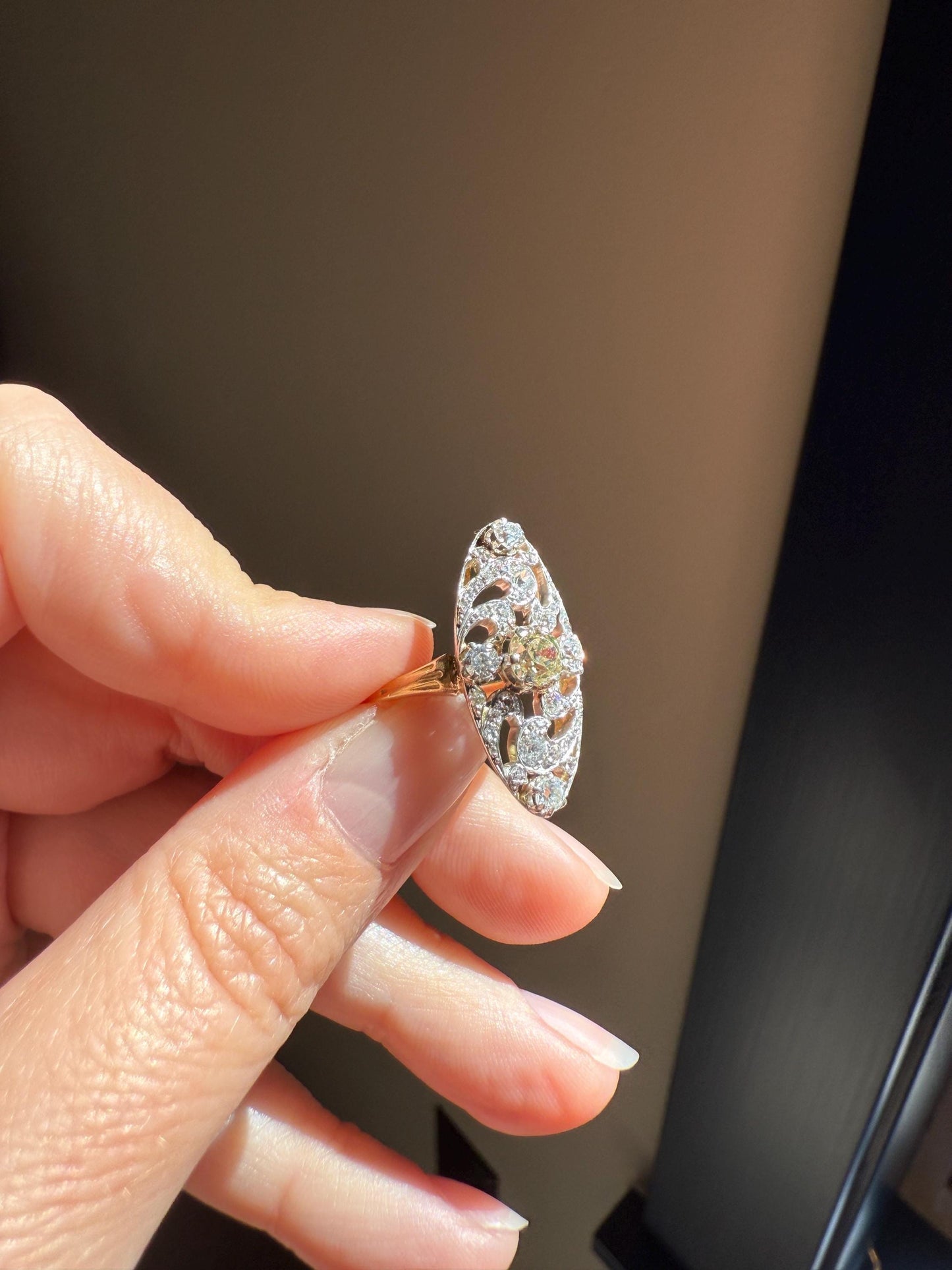 Ornate 1 Carat + French Belle Epoque Oval Old Mine Rose Cut Diamond Pale Light Yellow Center 18k Gold Platinum Scroll Romantic Gift 1Ct OmC