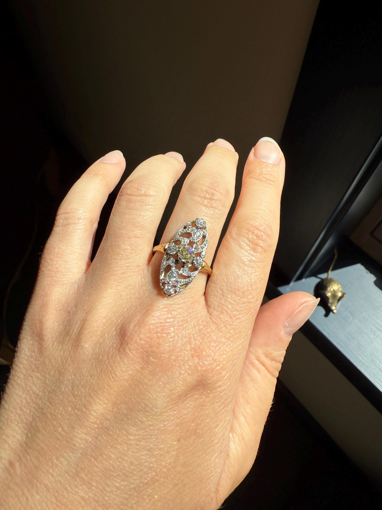 Ornate 1 Carat + French Belle Epoque Oval Old Mine Rose Cut Diamond Pale Light Yellow Center 18k Gold Platinum Scroll Romantic Gift 1Ct OmC