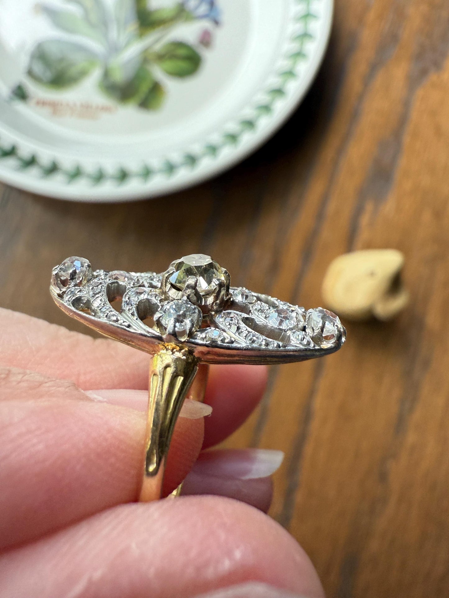 Ornate 1 Carat + French Belle Epoque Oval Old Mine Rose Cut Diamond Pale Light Yellow Center 18k Gold Platinum Scroll Romantic Gift 1Ct OmC