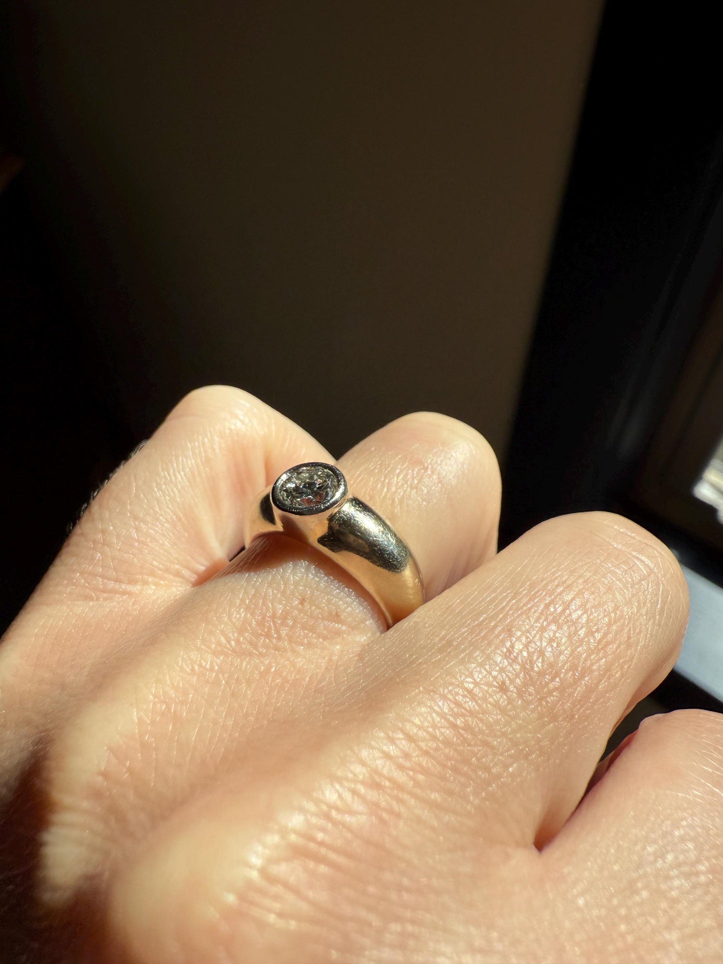 Vintage .73 Carat Transitional Cut DIAMOND Bezel Set Ring Stacker Band 18k Gold Pale Yellow Solitaire Geometric Engagement Romantic Gift