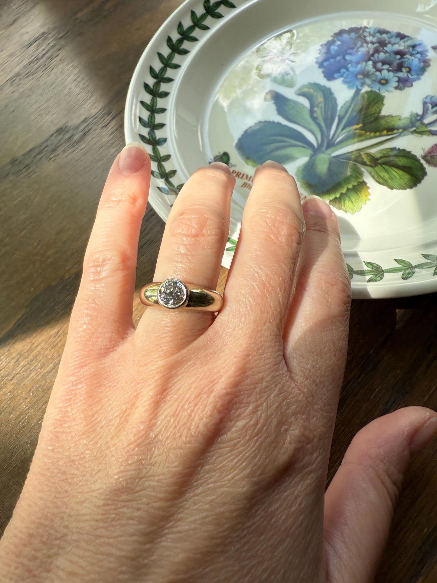 Vintage .73 Carat Transitional Cut DIAMOND Bezel Set Ring Stacker Band 18k Gold Pale Yellow Solitaire Geometric Engagement Romantic Gift