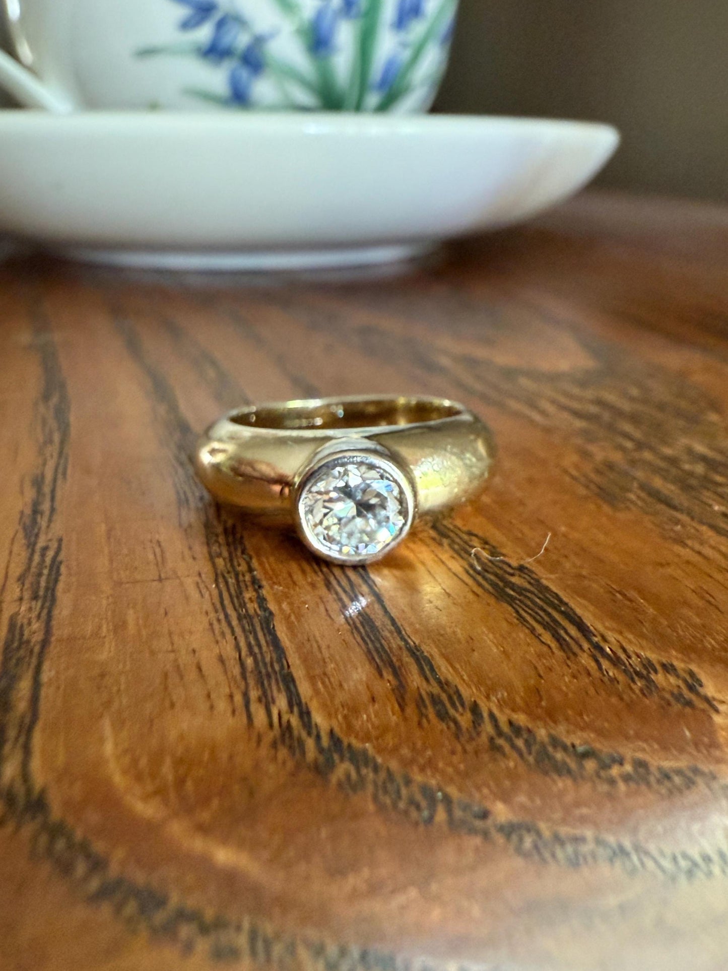 Vintage .73 Carat Transitional Cut DIAMOND Bezel Set Ring Stacker Band 18k Gold Pale Yellow Solitaire Geometric Engagement Romantic Gift