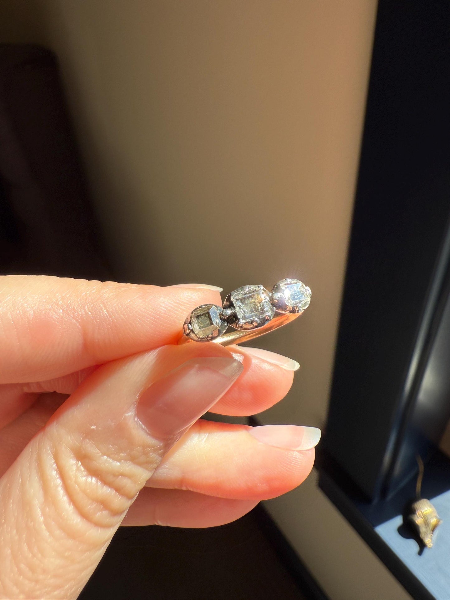 Table Cut DIAMOND Three Stone Stacker Band Antique 18k Gold Five Stone Ring Half Hoop Stacker Gift Foil Silver Collet Georgian Victorian