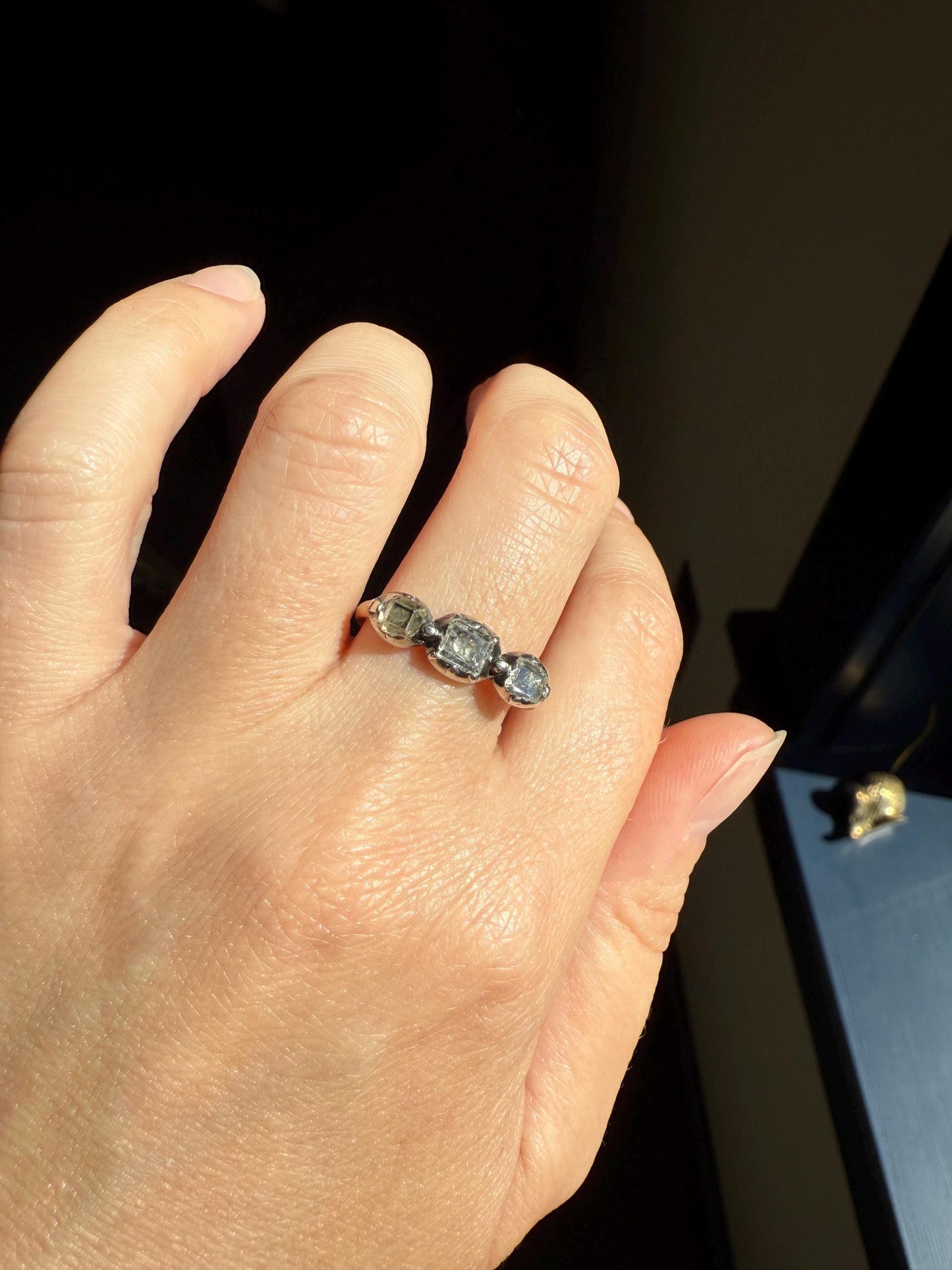 Table Cut DIAMOND Three Stone Stacker Band Antique 18k Gold Five Stone Ring Half Hoop Stacker Gift Foil Silver Collet Georgian Victorian