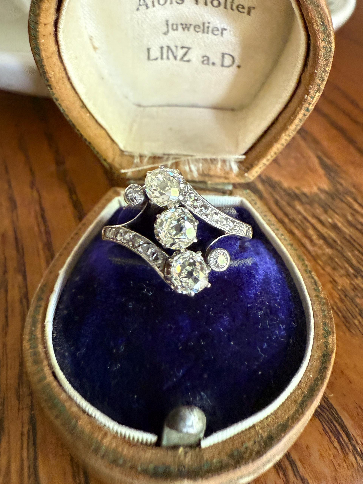 Antique 1.25 Carat Old Mine Cut DIAMOND Three Stone w/ Rose Cut French Ornate Belle Epoque Stacker 18k Gold Platinum
