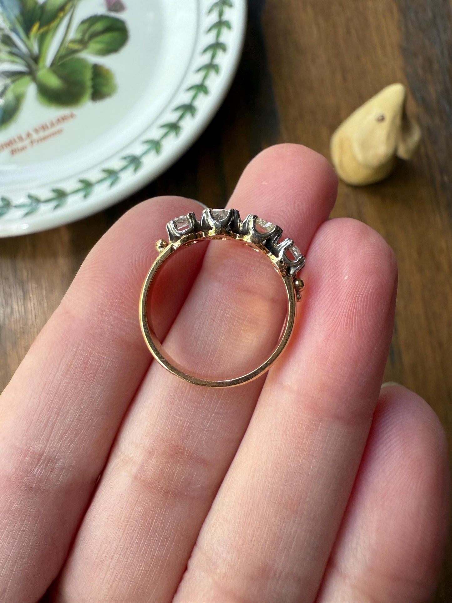 Unique Four Stone Rose Cut Diamond Antique Victorian Stacker Ring 18k Gold Skinny Band Half Hoop Ball Rivet Open Back Sparkle