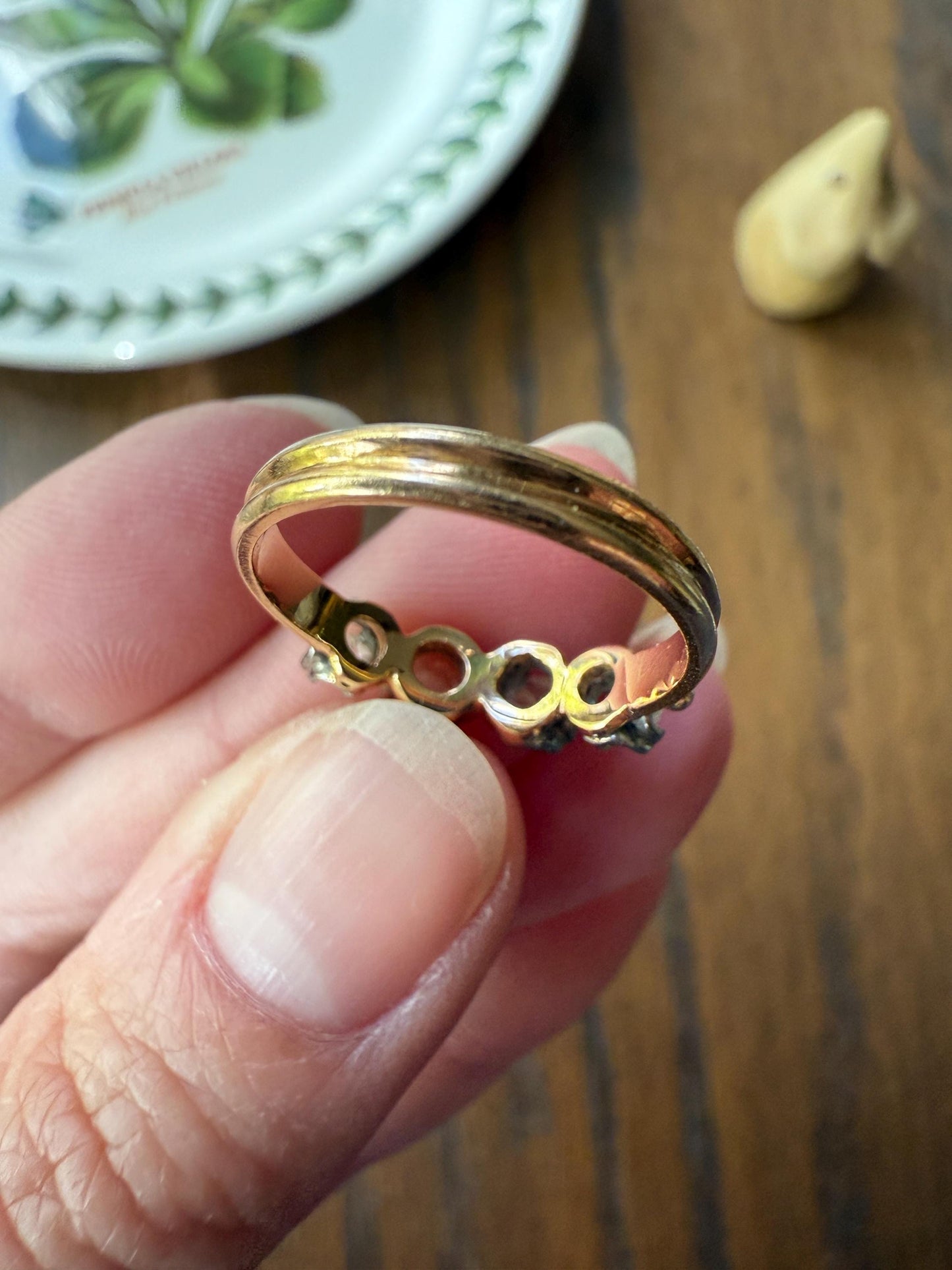 Unique Four Stone Rose Cut Diamond Antique Victorian Stacker Ring 18k Gold Skinny Band Half Hoop Ball Rivet Open Back Sparkle