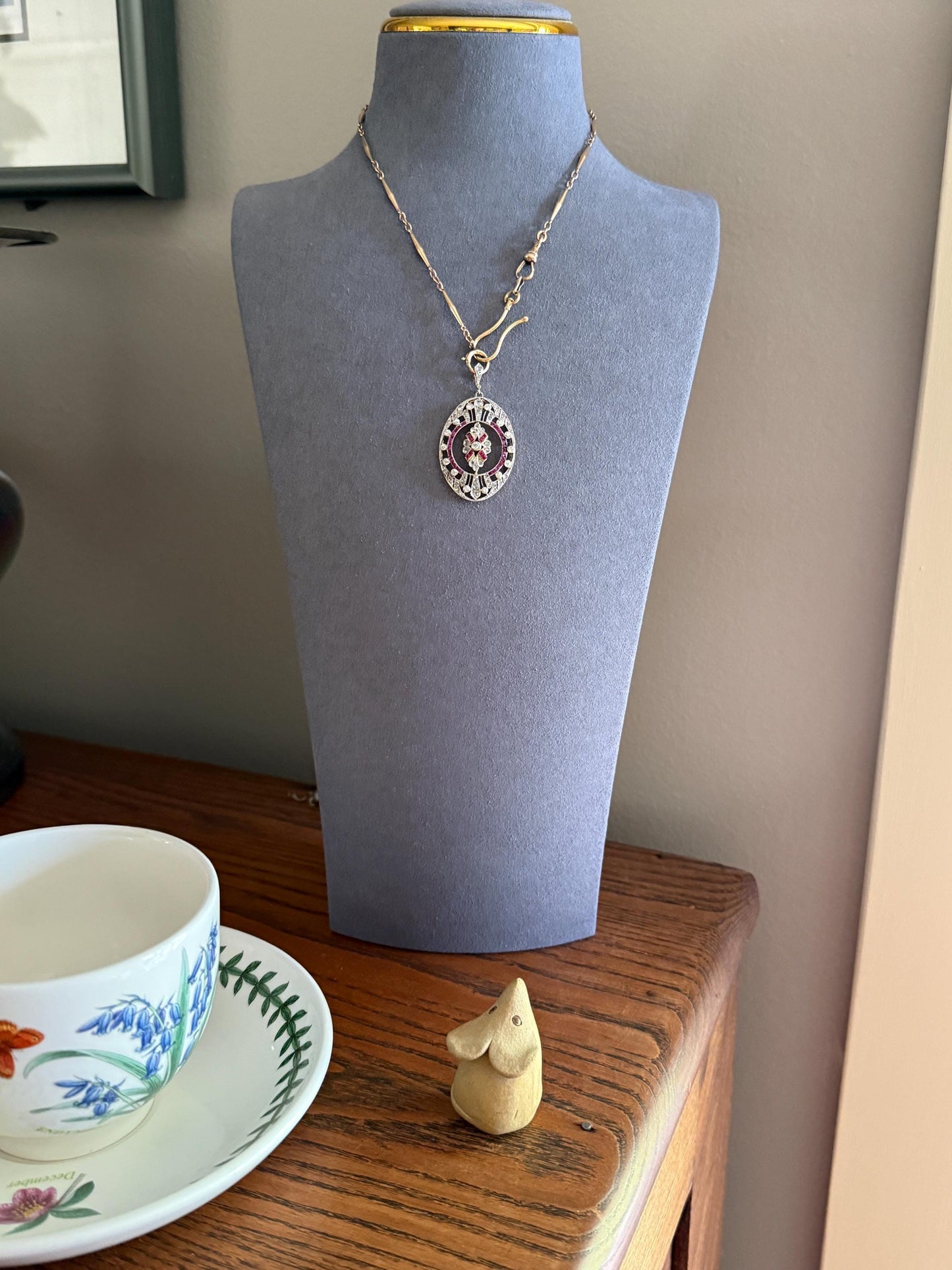 XL French Edwardian Ruby 1.75 Carat Old Mine Rose Cut DIAMOND Oval Pendant Open Work Medallion Pink Carre Cut Halo Ornate Sparkle 1 3/4 OMC