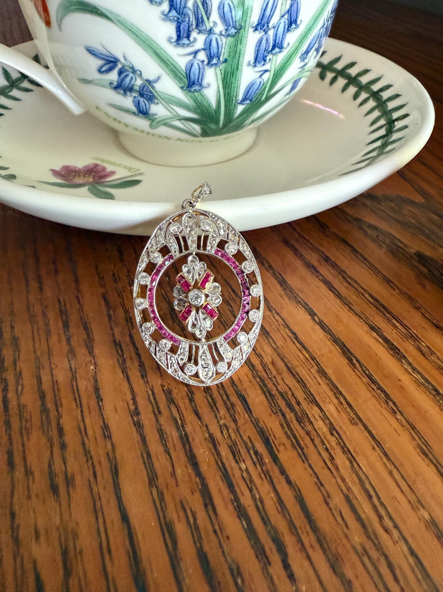 XL French Edwardian Ruby 1.75 Carat Old Mine Rose Cut DIAMOND Oval Pendant Open Work Medallion Pink Carre Cut Halo Ornate Sparkle 1 3/4 OMC