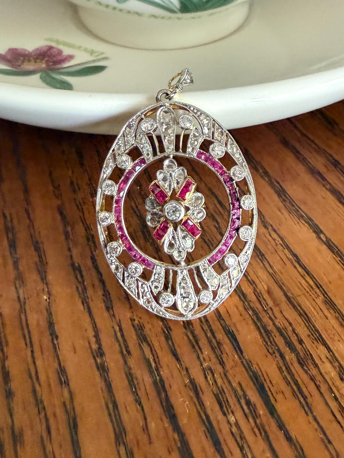 XL French Edwardian Ruby 1.75 Carat Old Mine Rose Cut DIAMOND 18k Gold Oval Pendant Open Work Medallion Pink Carre Cut Halo