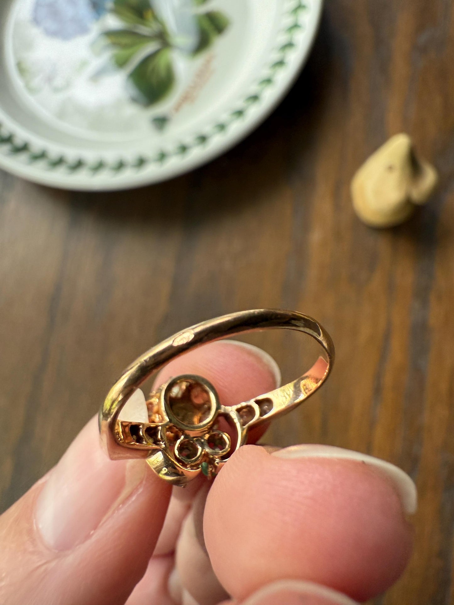 FLORAL Unique Emerald Rose Cut DIAMOND Pearl Figural Ring French Antique 18k Gold Victorian Stacker Green Sparkle Halo Flower Belle Epoque