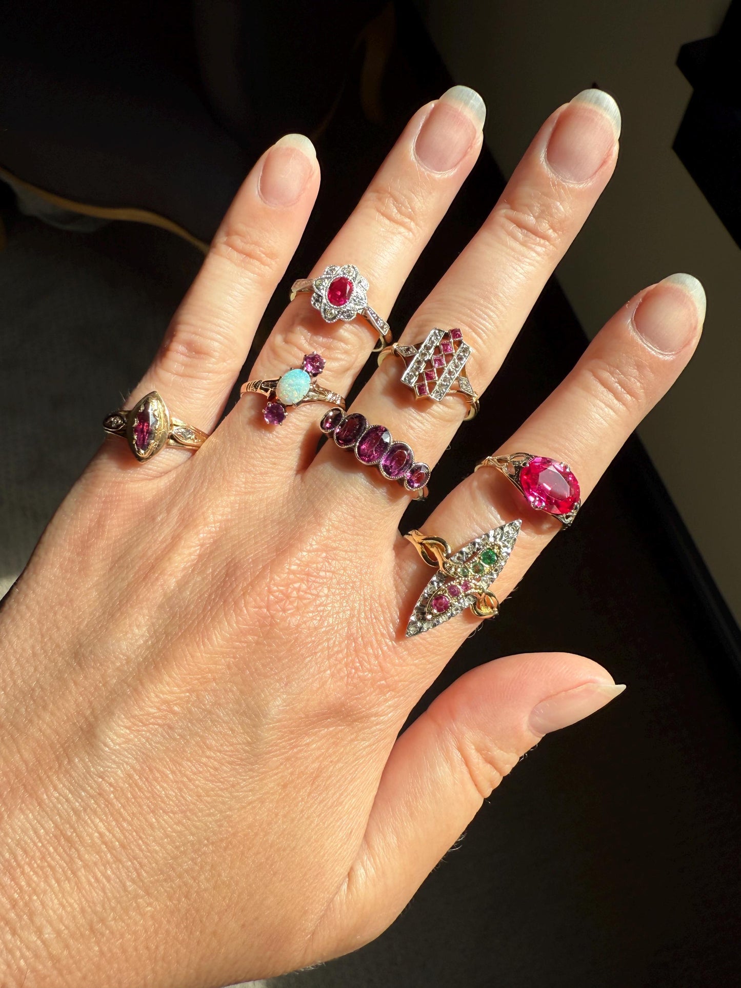 Antique Edwardian Pink RUBY 18k Gold Fuchsia Oval Old Cut Diamond Scalloped Halo Belle Epoque Stacker Colorful Geometric Romantic Gift