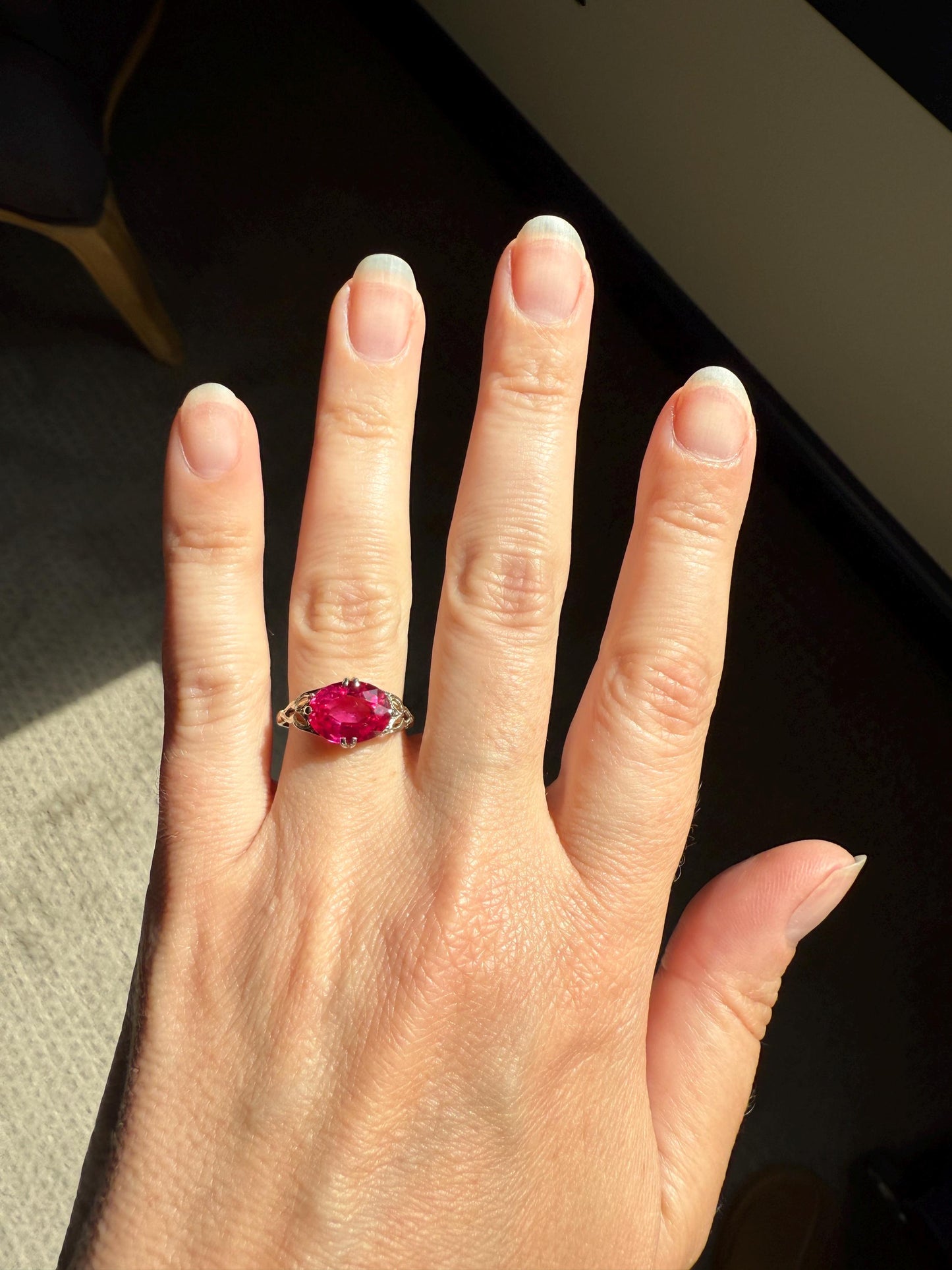 Antique Edwardian Art Deco East West Pink RUBY 18k Gold Fuchsia Oval Belle Epoque Stacker Colorful Geometric Romantic Gift Vibrant Color