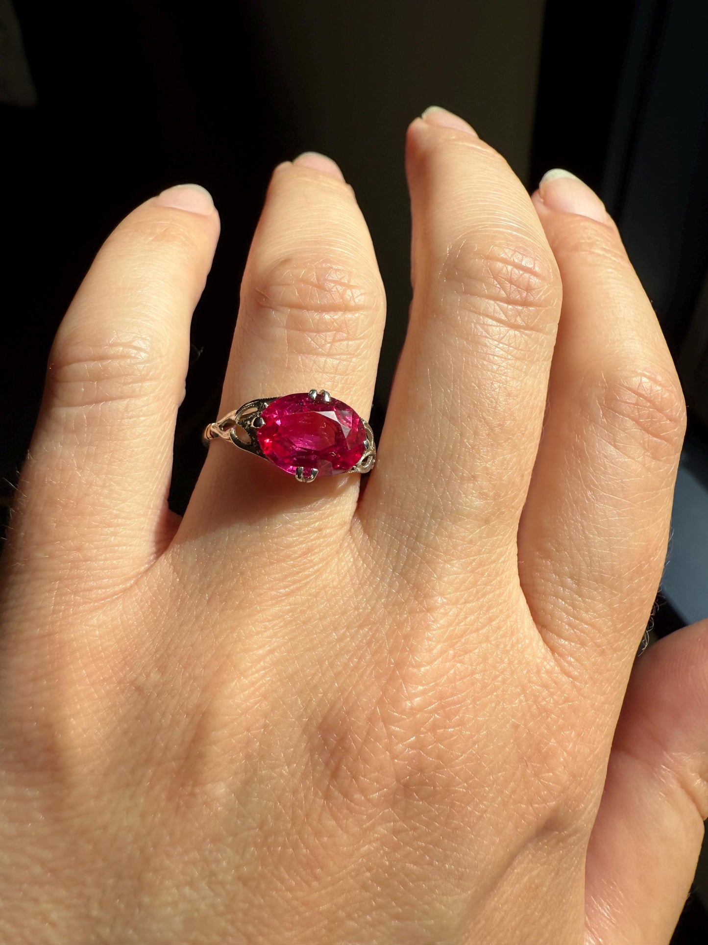 Antique Edwardian Art Deco East West Pink RUBY 18k Gold Fuchsia Oval Belle Epoque Stacker Colorful Geometric Romantic Gift Vibrant Color