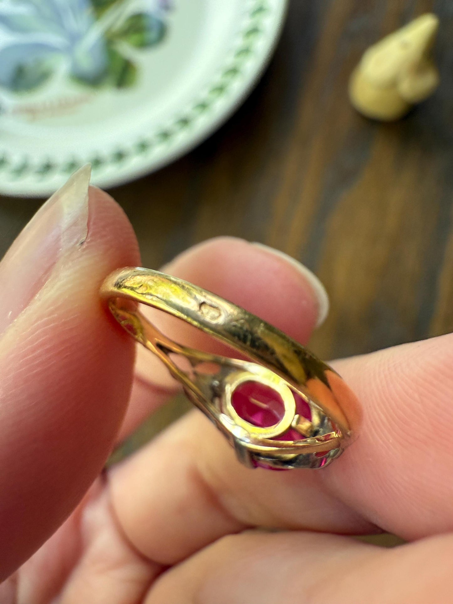 Antique Edwardian Art Deco East West Pink RUBY 18k Gold Fuchsia Oval Belle Epoque Stacker Colorful Geometric Romantic Gift Vibrant Color