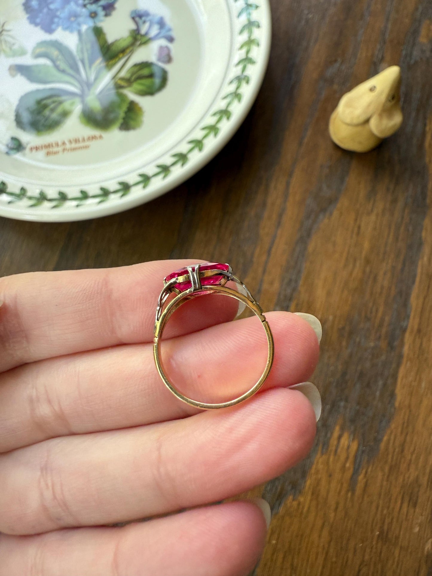 Antique Edwardian Art Deco East West Pink RUBY 18k Gold Fuchsia Oval Belle Epoque Stacker Colorful Geometric Romantic Gift Vibrant Color