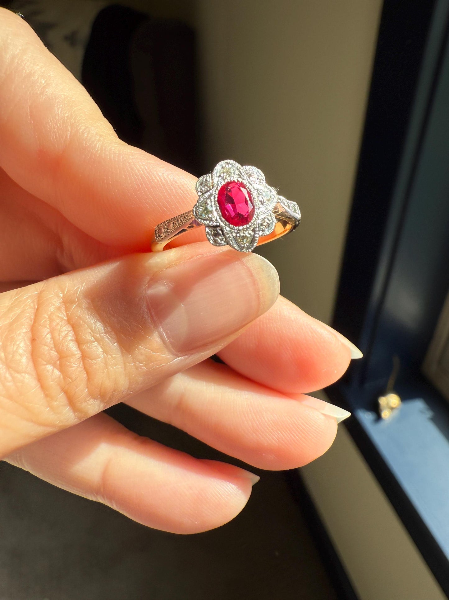 Antique Edwardian Pink RUBY 18k Gold Fuchsia Oval Old Cut Diamond Scalloped Halo Belle Epoque Stacker Colorful Geometric Romantic Gift