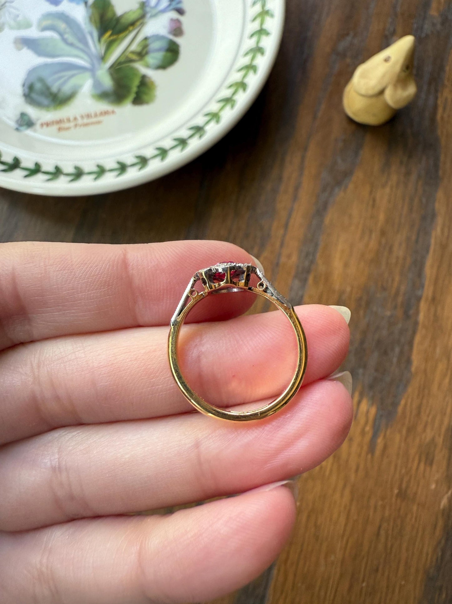 Antique Edwardian Pink RUBY 18k Gold Fuchsia Oval Old Cut Diamond Scalloped Halo Belle Epoque Stacker Colorful Geometric Romantic Gift