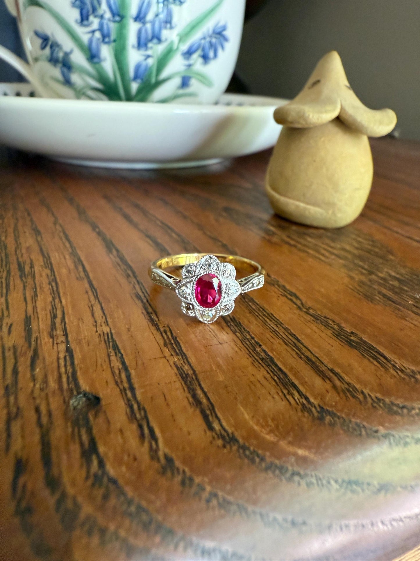 Antique Edwardian Pink RUBY 18k Gold Fuchsia Oval Old Cut Diamond Scalloped Halo Belle Epoque Stacker Colorful Geometric Romantic Gift