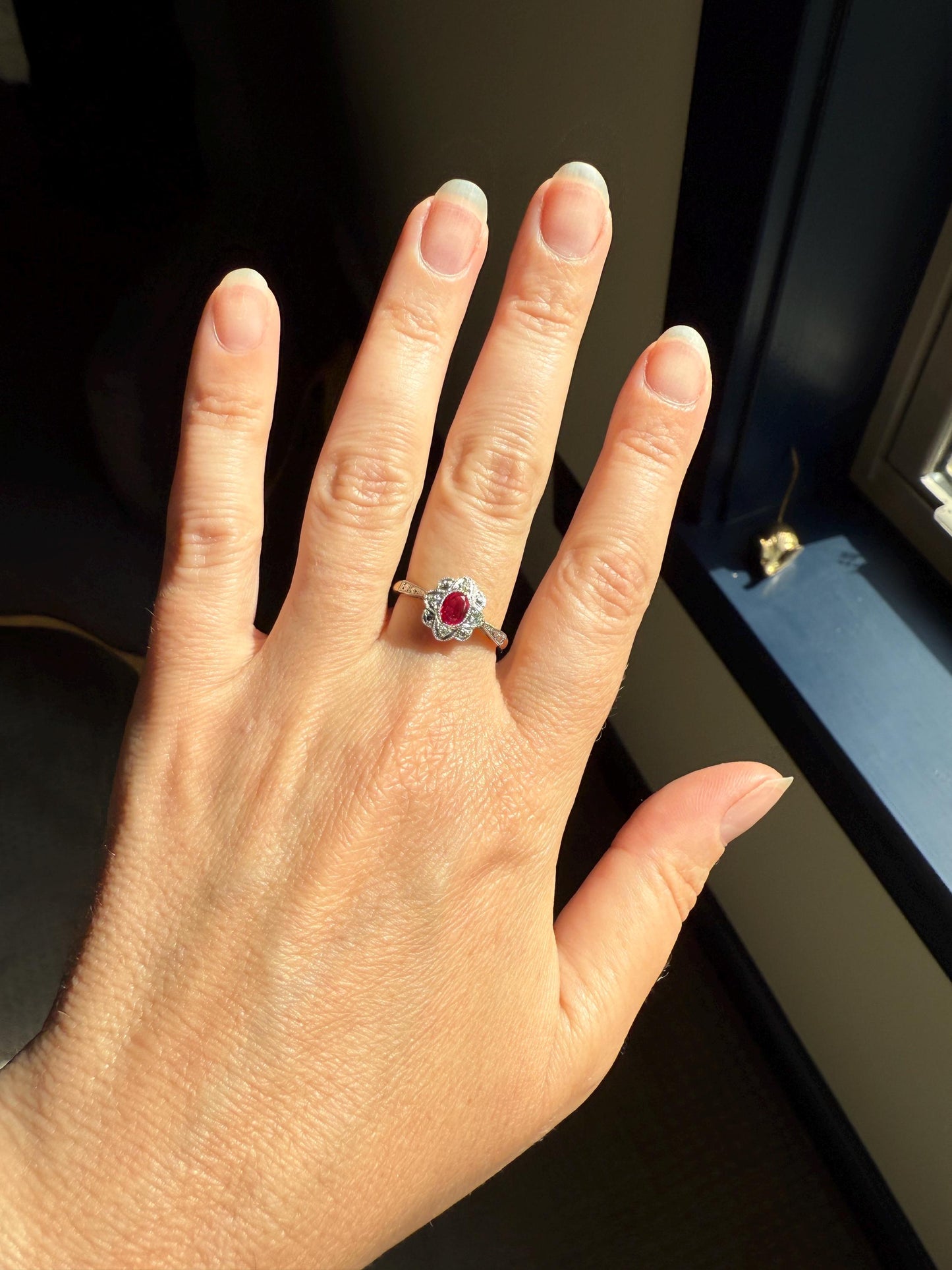 Antique Edwardian Pink RUBY 18k Gold Fuchsia Oval Old Cut Diamond Scalloped Halo Belle Epoque Stacker Colorful Geometric Romantic Gift