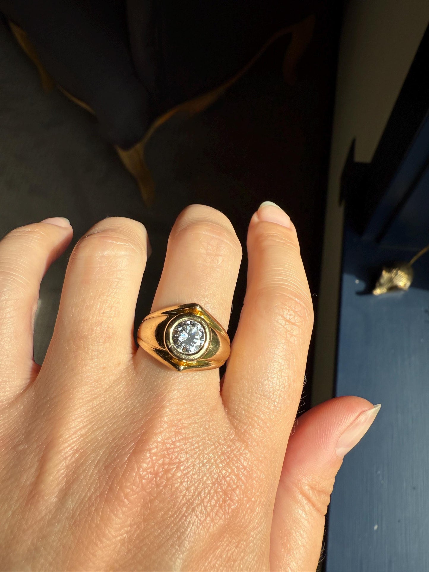 Vintage 1 Carat VVS1 A+ Quality DIAMOND Chevron Ring With DATED RECEIPT French 18k Gold Unisex Gypsy Solitaire Chunky Wide Band Stacker