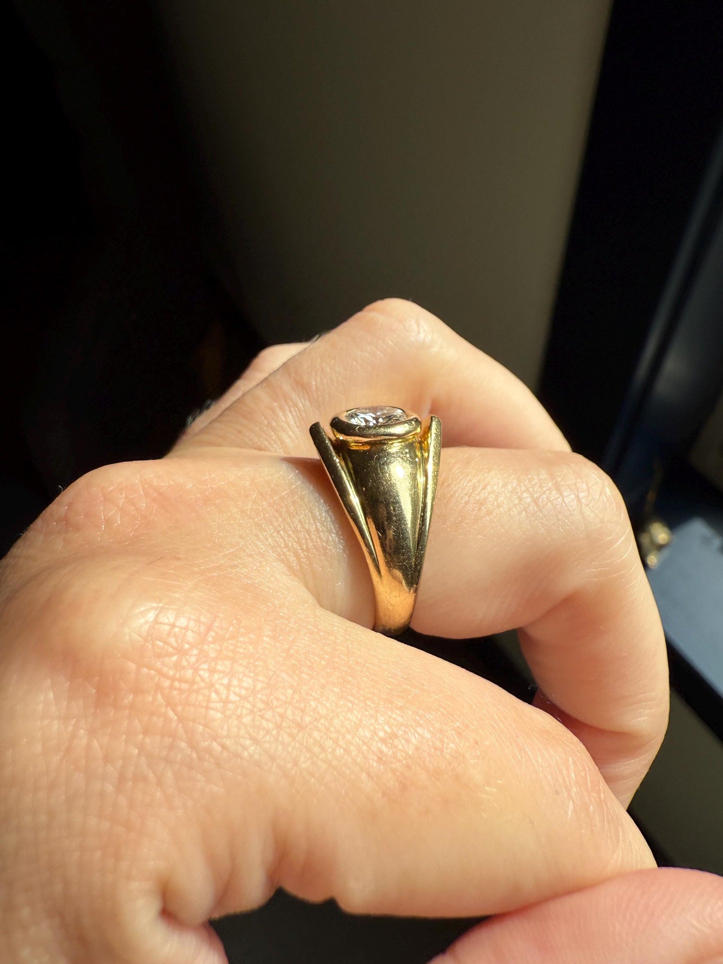 Vintage 1 Carat VVS1 A+ Quality DIAMOND Chevron Ring With DATED RECEIPT French 18k Gold Unisex Gypsy Solitaire Chunky Wide Band Stacker