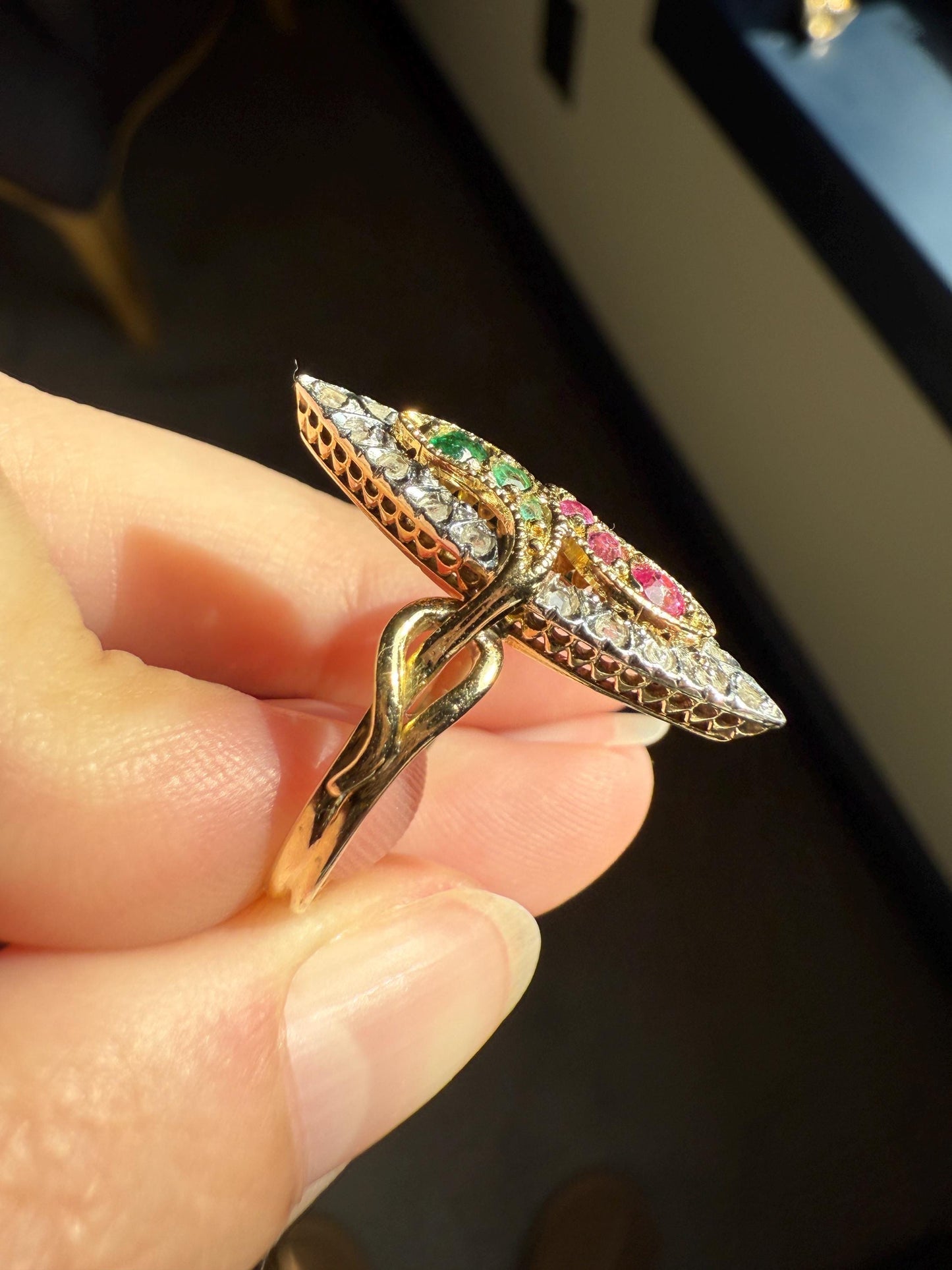 Double SNAKES Antique Ring Ruby Emerald Rose Cut DIAMOND Halo Navette Ring 18k Gold Platinum Red Green Sparkle Stacker Victorian Love Gift