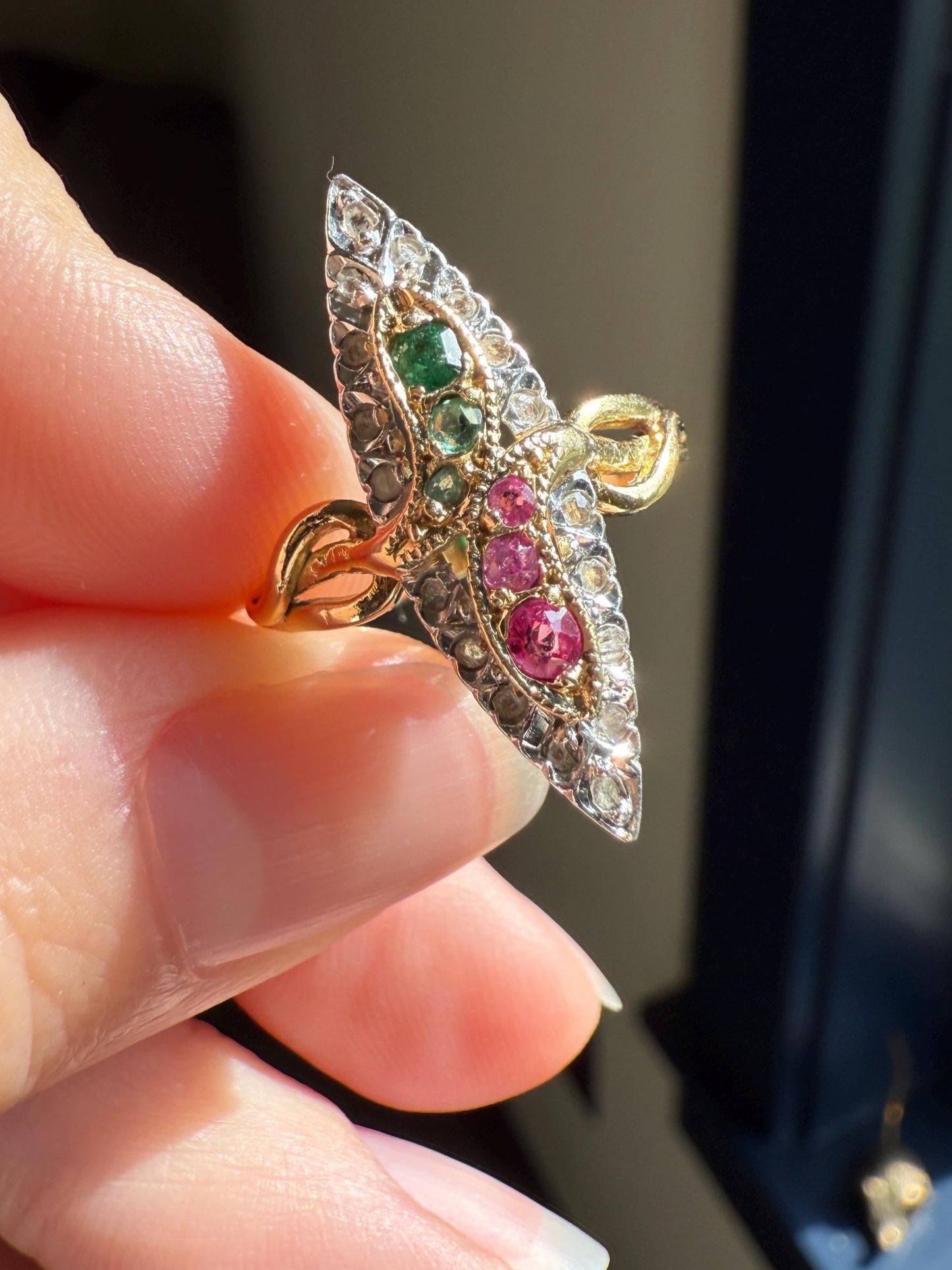 Double SNAKES Antique Ring Ruby Emerald Rose Cut DIAMOND Halo Navette Ring 18k Gold Platinum Red Green Sparkle Stacker Victorian Love Gift
