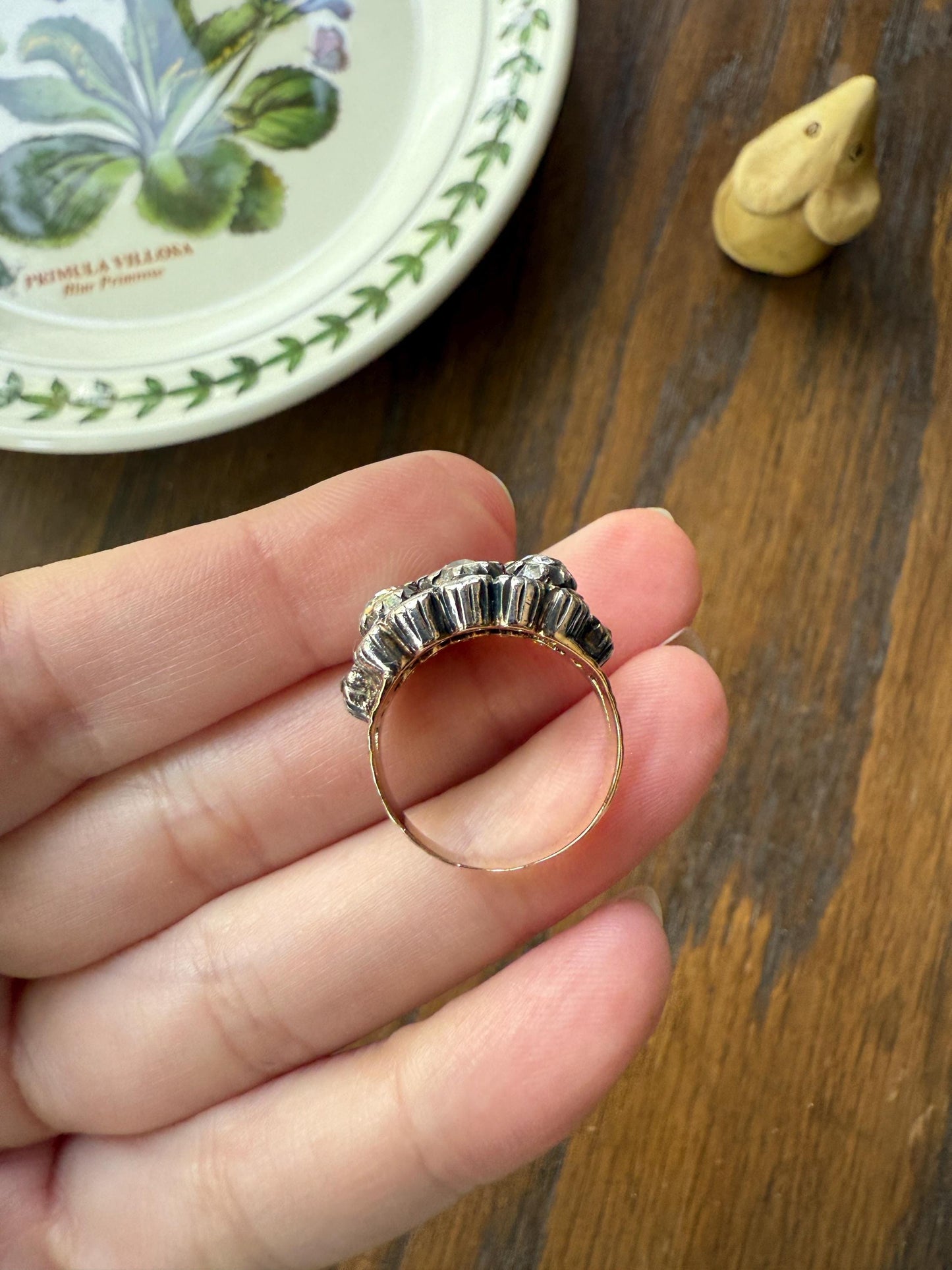 GEORGIAN Era Antique 1.5 Carat Spanish Iberian Triple Row Old Mine Rose Cut Diamond Ring Engraved Band 18k Gold Silver Collet Stacker Gift