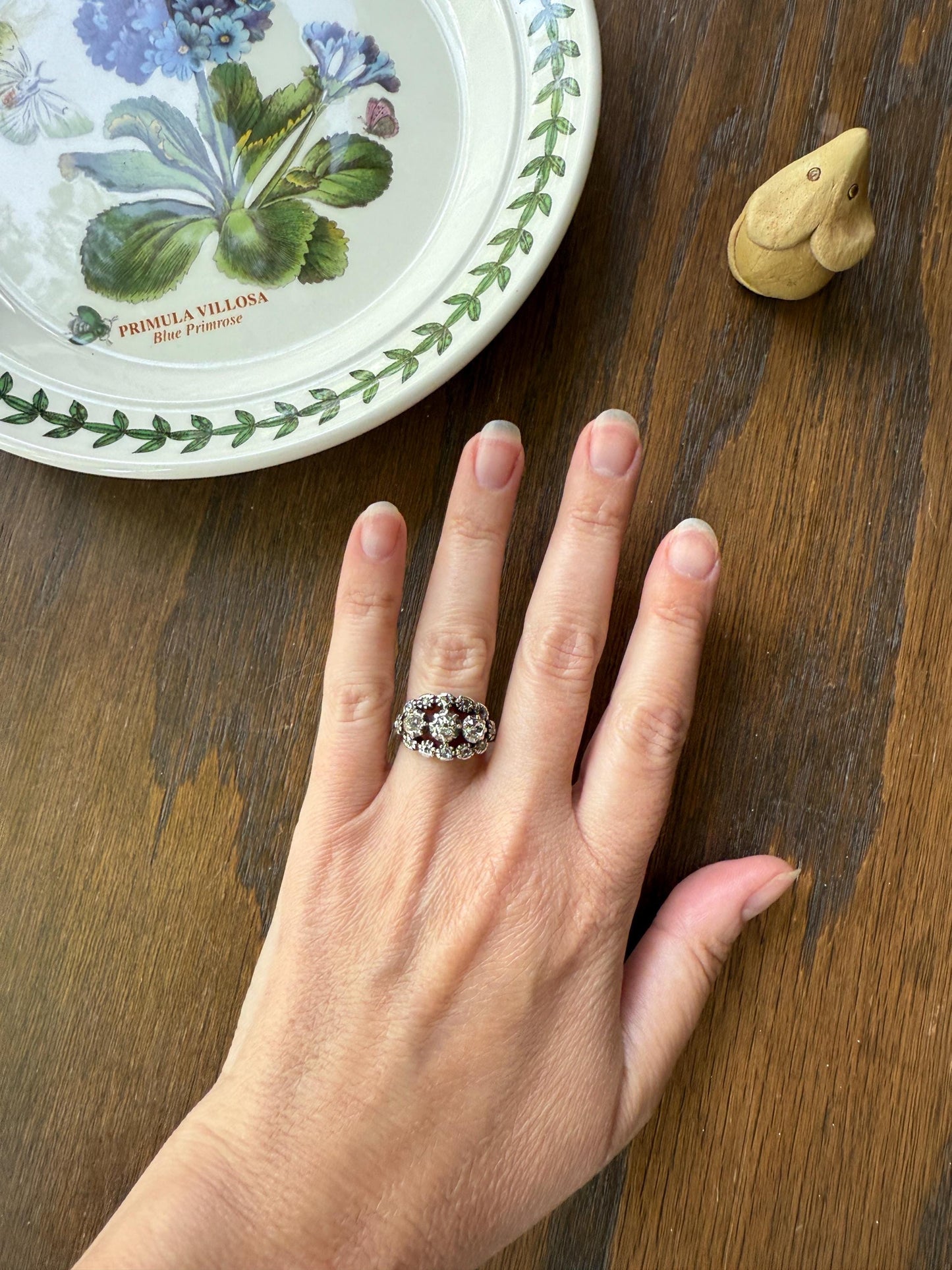 GEORGIAN Era Antique 1.5 Carat Spanish Iberian Triple Row Old Mine Rose Cut Diamond Ring Engraved Band 18k Gold Silver Collet Stacker Gift