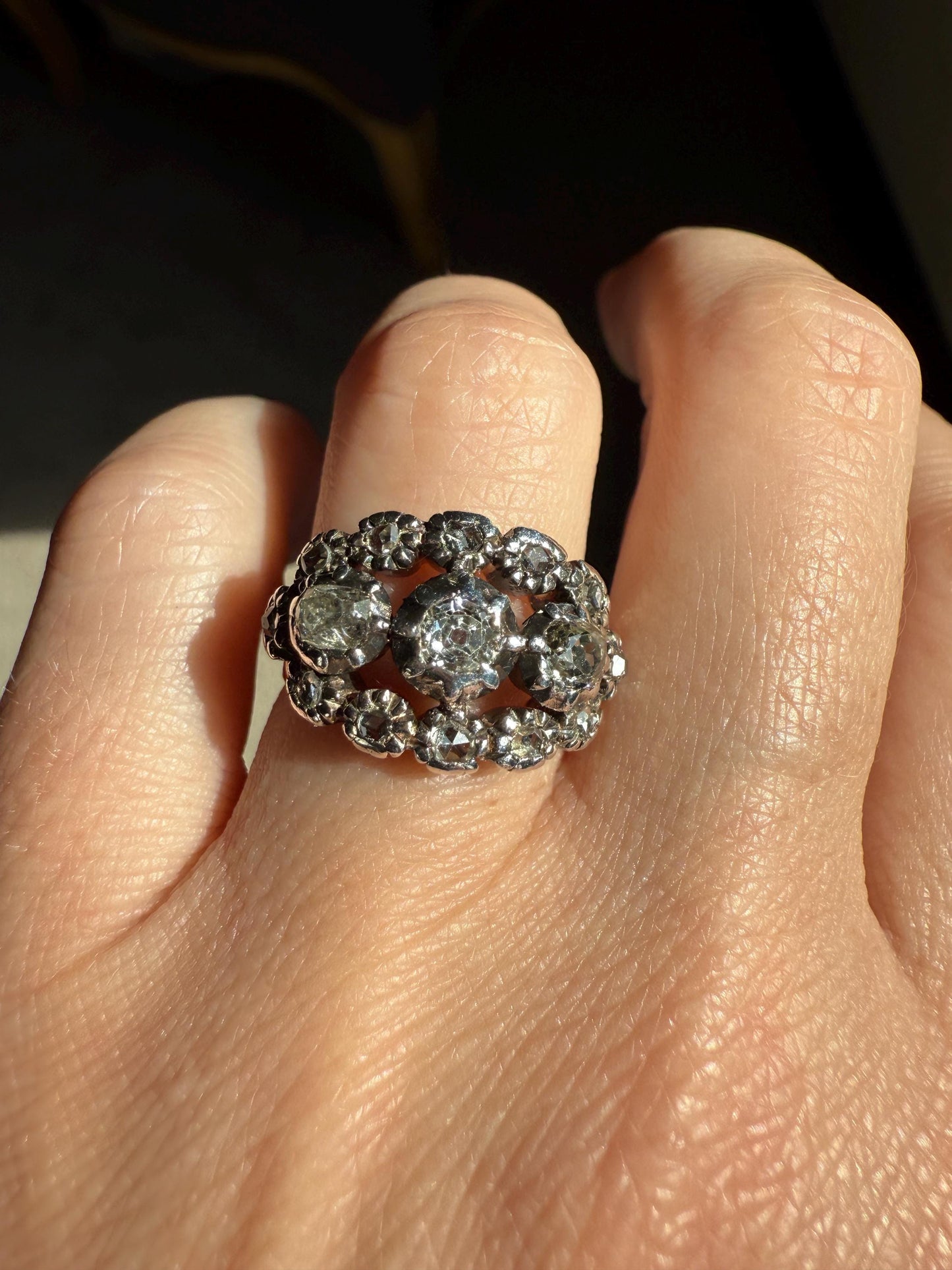 GEORGIAN Era Antique 1.5 Carat Spanish Iberian Triple Row Old Mine Rose Cut Diamond Ring Engraved Band 18k Gold Silver Collet Stacker Gift