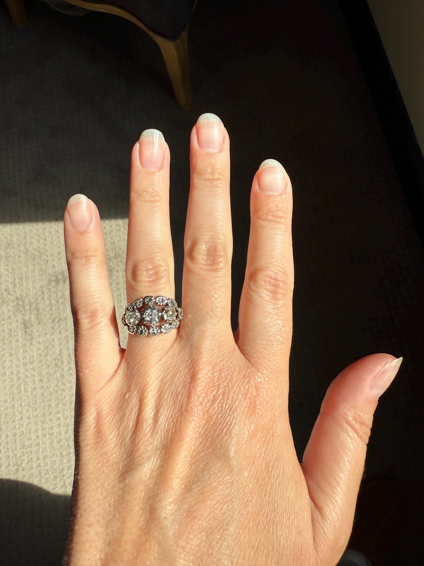 GEORGIAN Era Antique 1.5 Carat Spanish Iberian Triple Row Old Mine Rose Cut Diamond Ring Engraved Band 18k Gold Silver Collet Stacker Gift