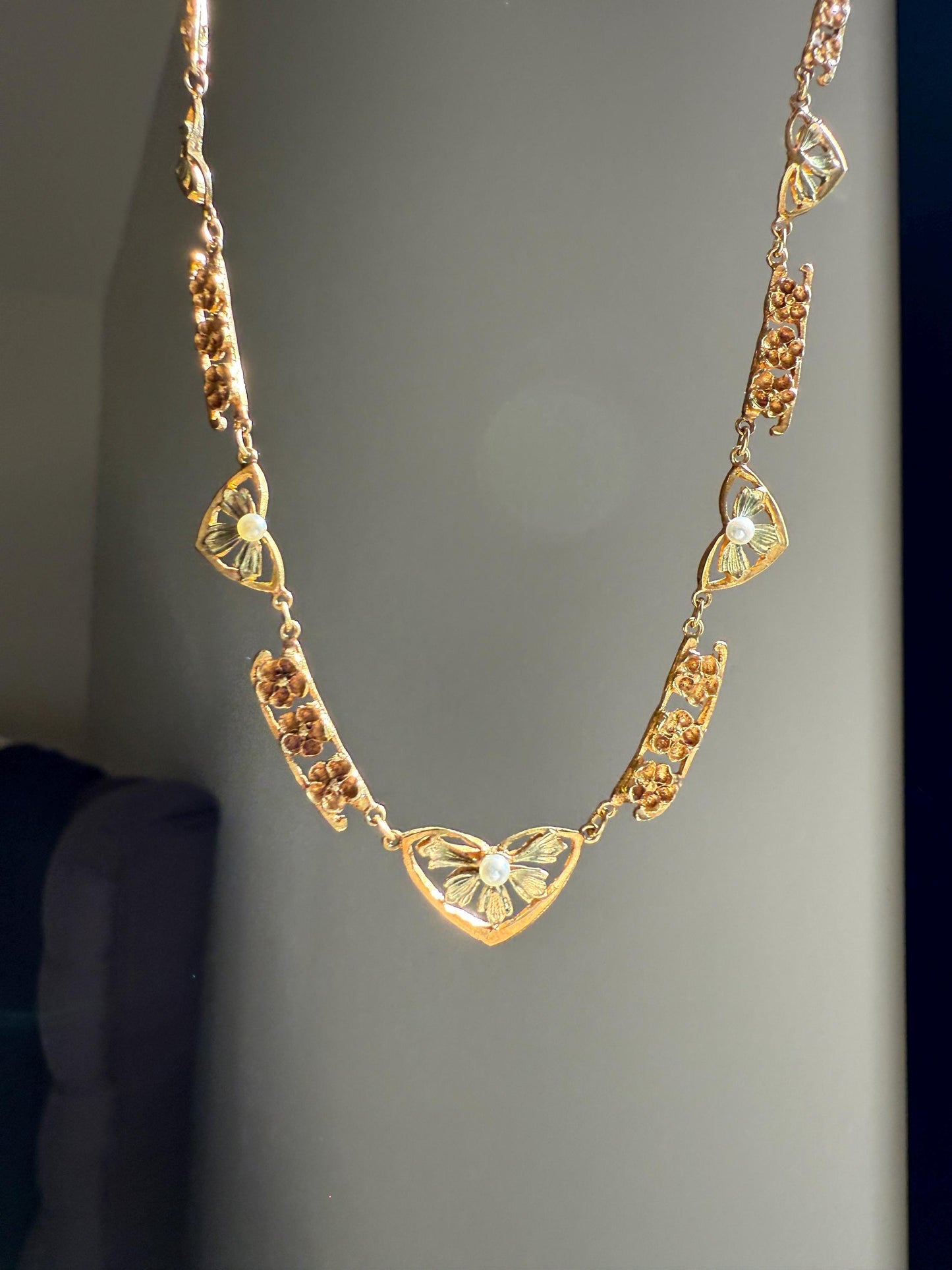 FORGET ME NOTS French Art Nouveau Antique 18k Gold Green Leaf Pearl Floral Necklace Drapery Chain Collar Flower Pendants Love Gift Bridal