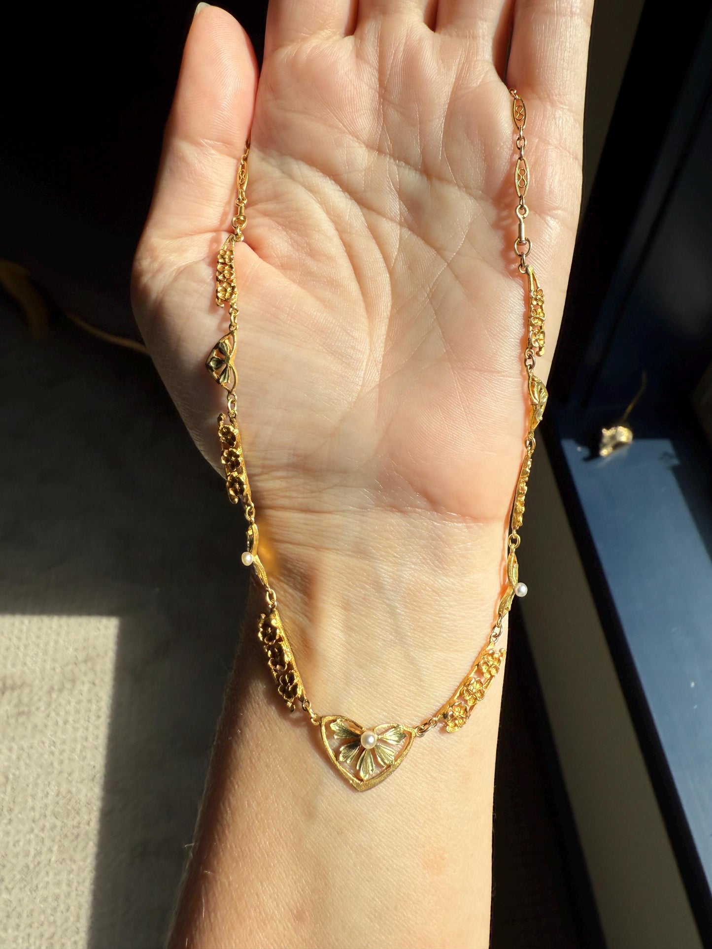 FORGET ME NOTS French Art Nouveau Antique 18k Gold Green Leaf Pearl Floral Necklace Drapery Chain Collar Flower Pendants Love Gift Bridal