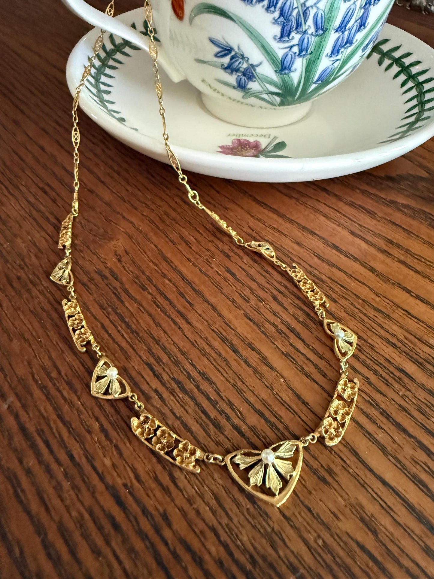 FORGET ME NOTS French Art Nouveau Antique 18k Gold Green Leaf Pearl Floral Necklace Drapery Chain Collar Flower Pendants Love Gift Bridal