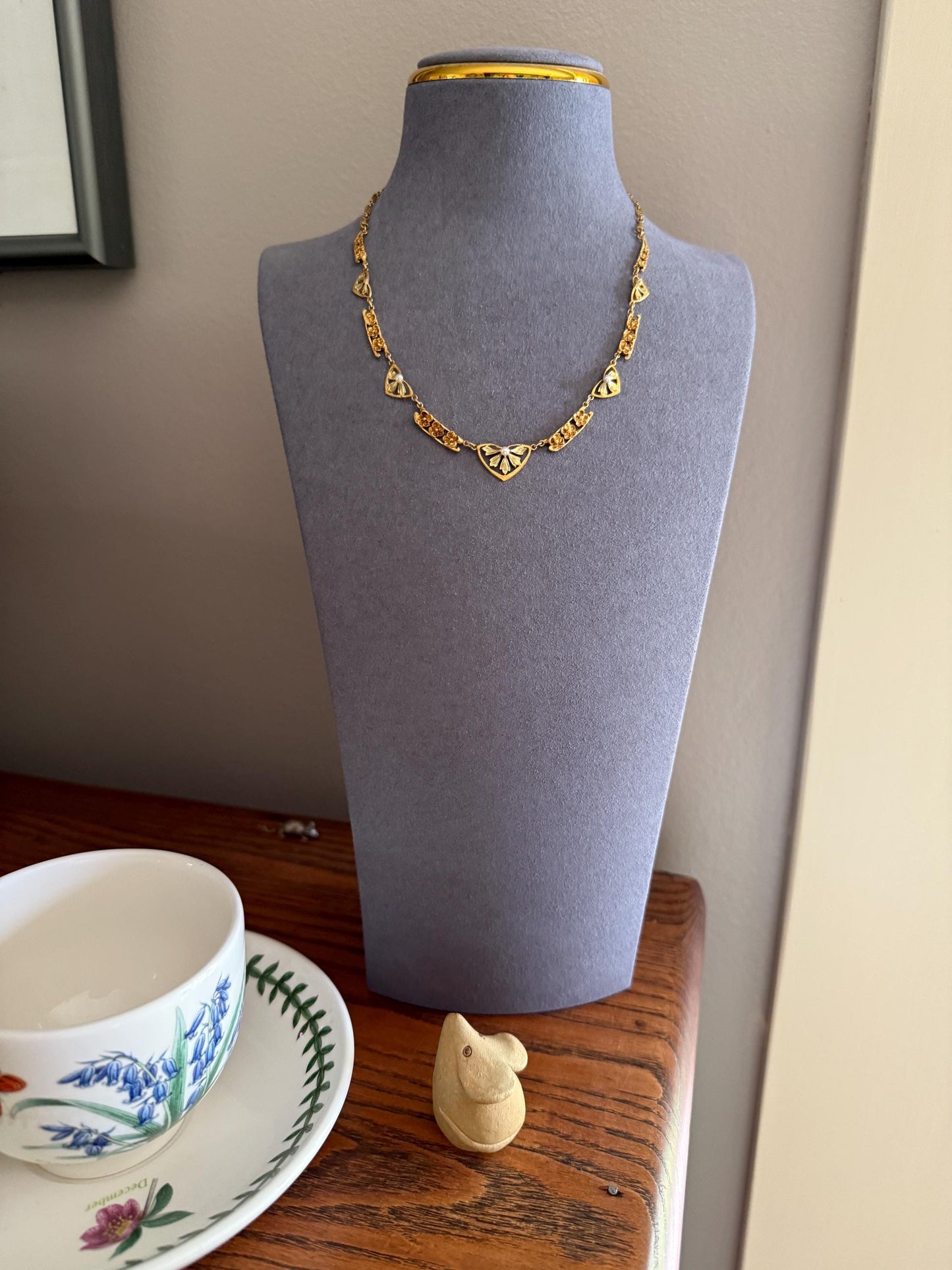 FORGET ME NOTS French Art Nouveau Antique 18k Gold Green Leaf Pearl Floral Necklace Drapery Chain Collar Flower Pendants Love Gift Bridal