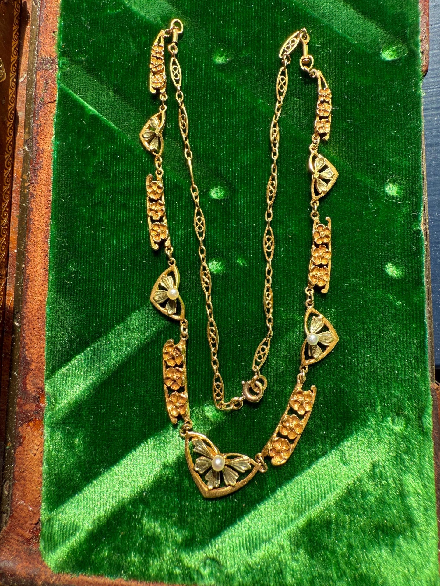 FORGET ME NOTS French Art Nouveau Antique 18k Gold Green Leaf Pearl Floral Necklace Drapery Chain Collar Flower Pendants Love Gift Bridal