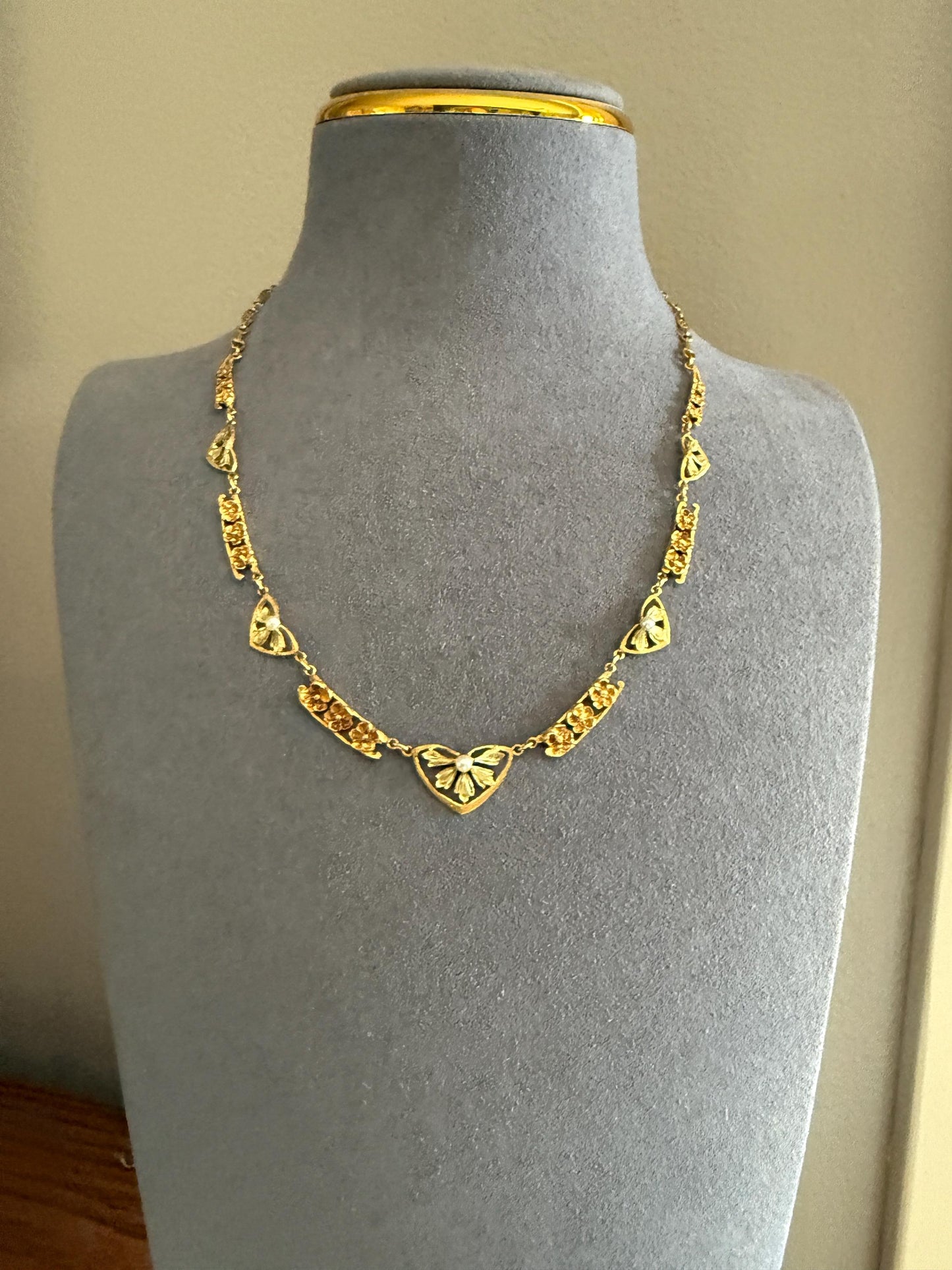 FORGET ME NOTS French Art Nouveau Antique 18k Gold Green Leaf Pearl Floral Necklace Drapery Chain Collar Flower Pendants Love Gift Bridal