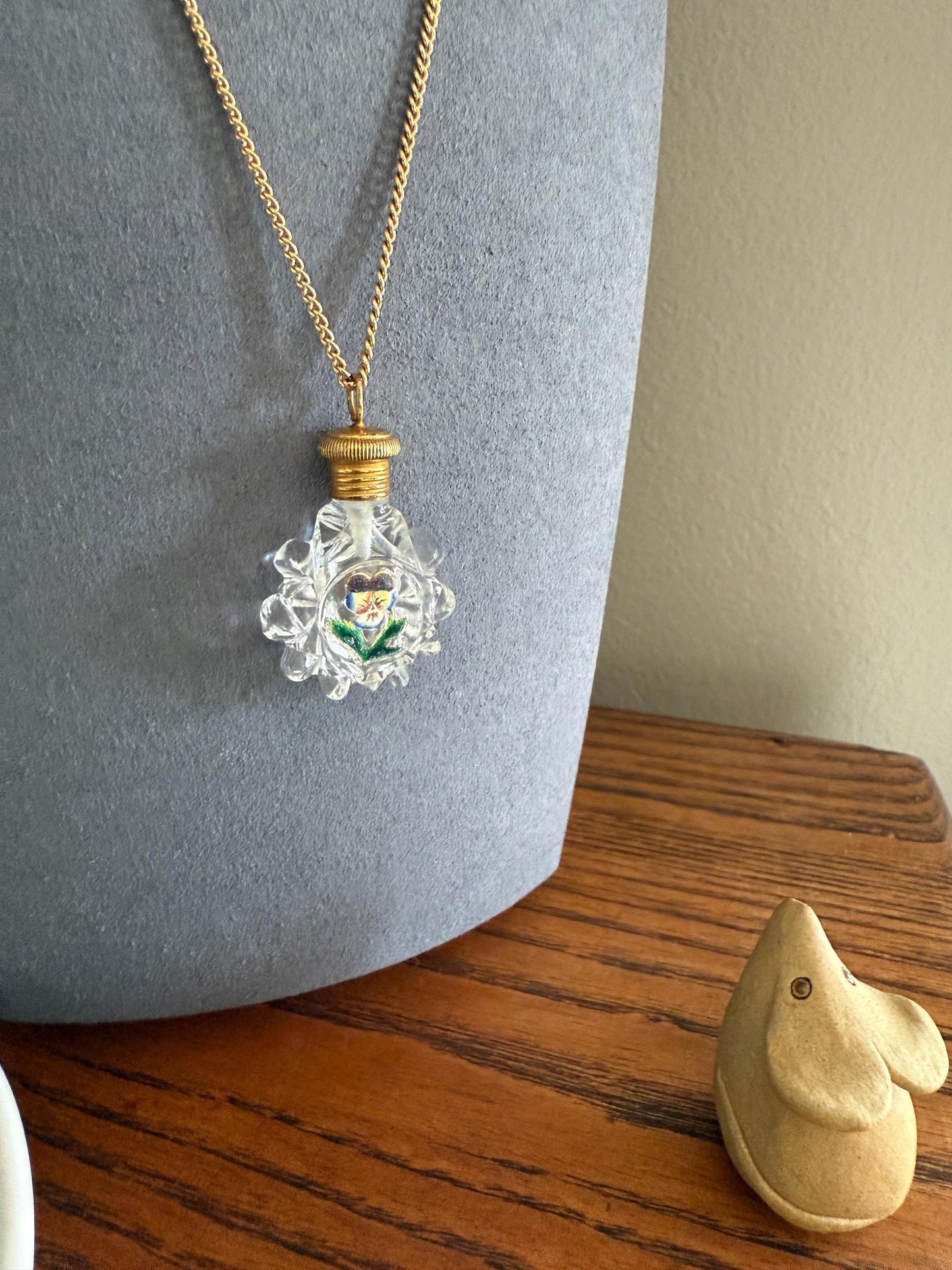 PANSY Think of Me Friendship Antique GEORGIAN Era 18k Gold Miniature Perfume Baccarat? Crystal PENDANT French Chatelaine Vinaigrette Bottle