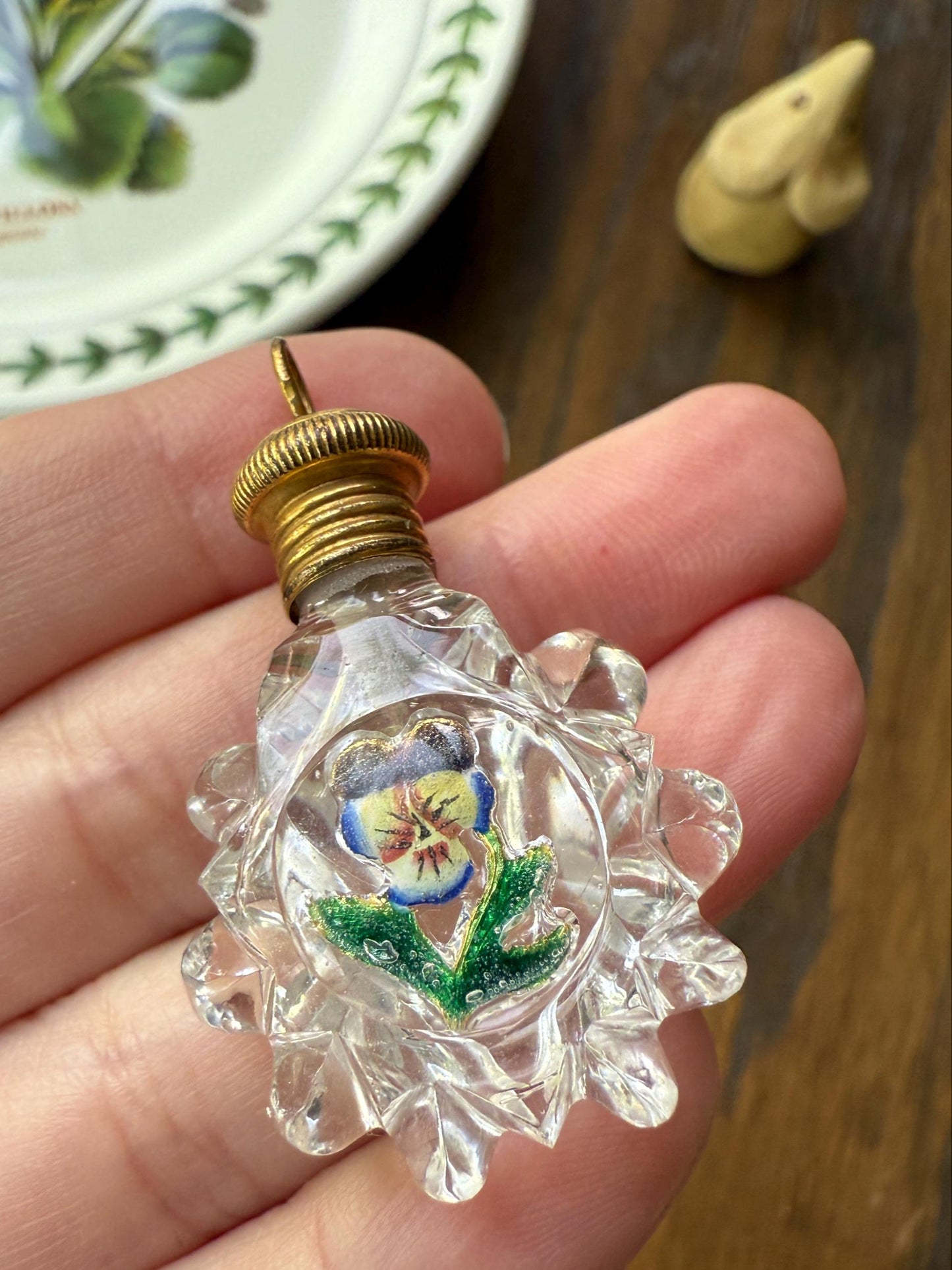 PANSY Think of Me Friendship Antique GEORGIAN Era 18k Gold Miniature Perfume Baccarat? Crystal PENDANT French Chatelaine Vinaigrette Bottle