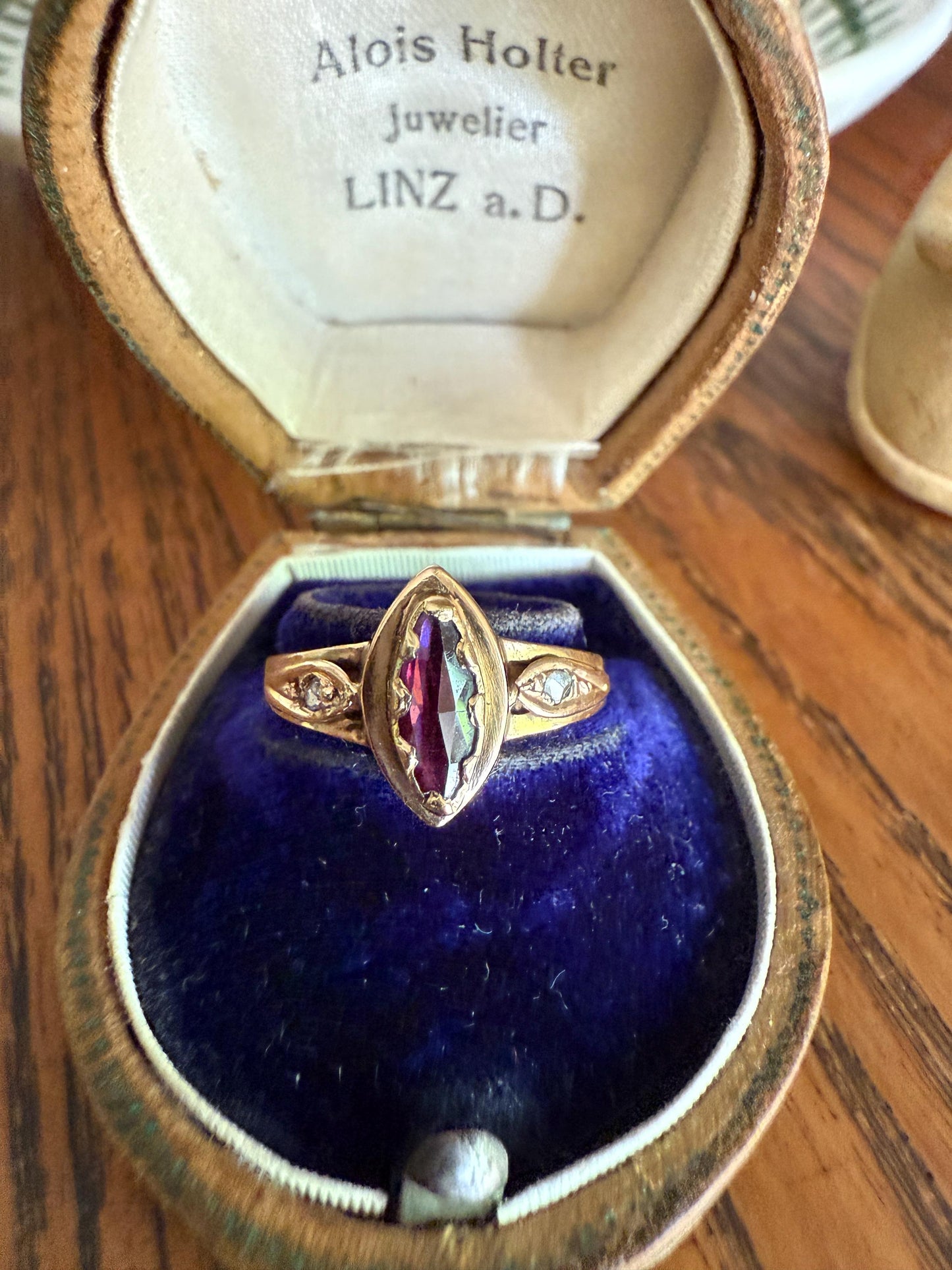 MARQUISE Perpignan GARNET Rose Cut Diamond Ring French 18k Gold Purplish Red Light Reflective Foil Back Geometric Stacker Romantic Gift
