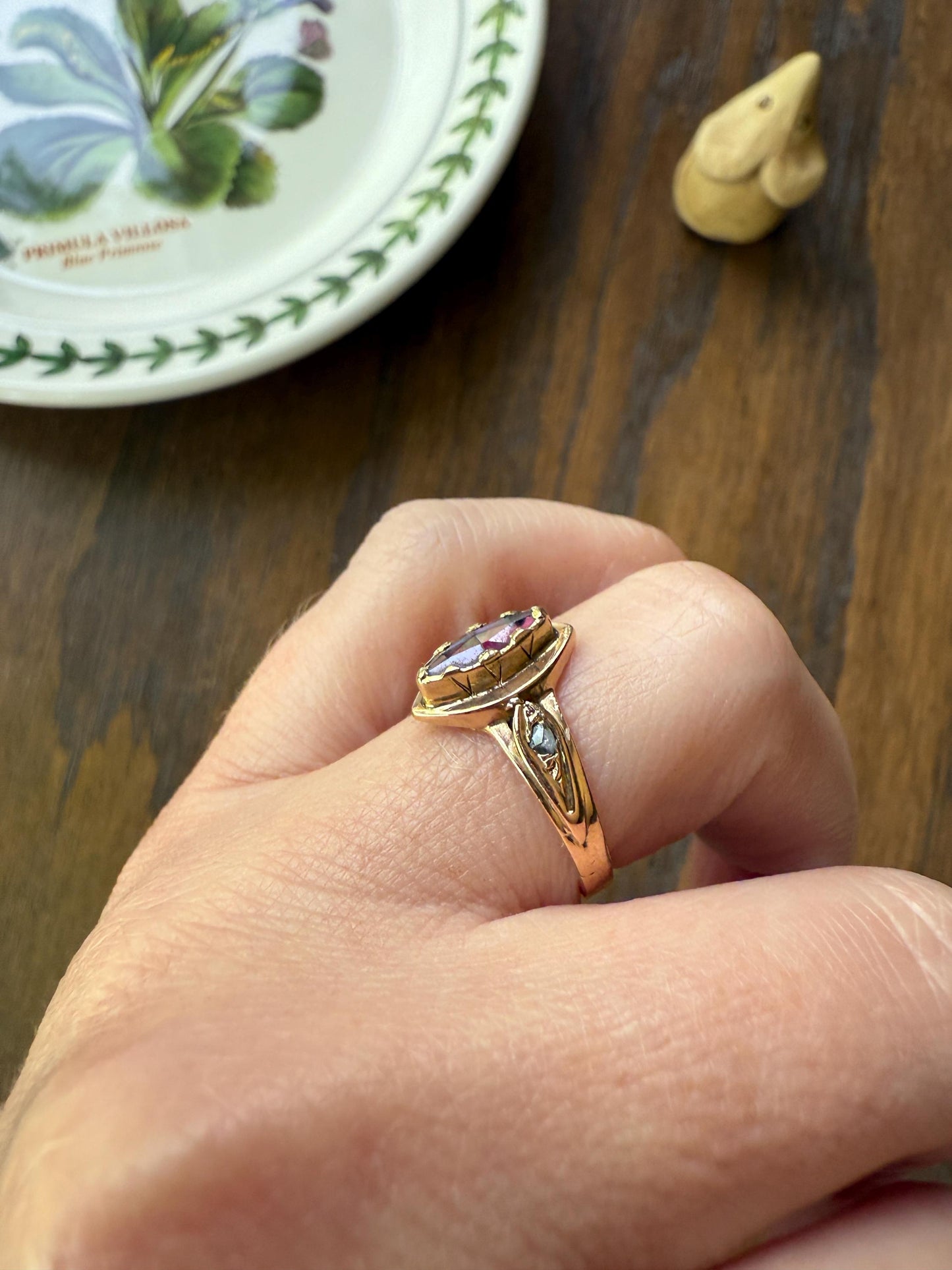 MARQUISE Perpignan GARNET Rose Cut Diamond Ring French 18k Gold Purplish Red Light Reflective Foil Back Geometric Stacker Romantic Gift