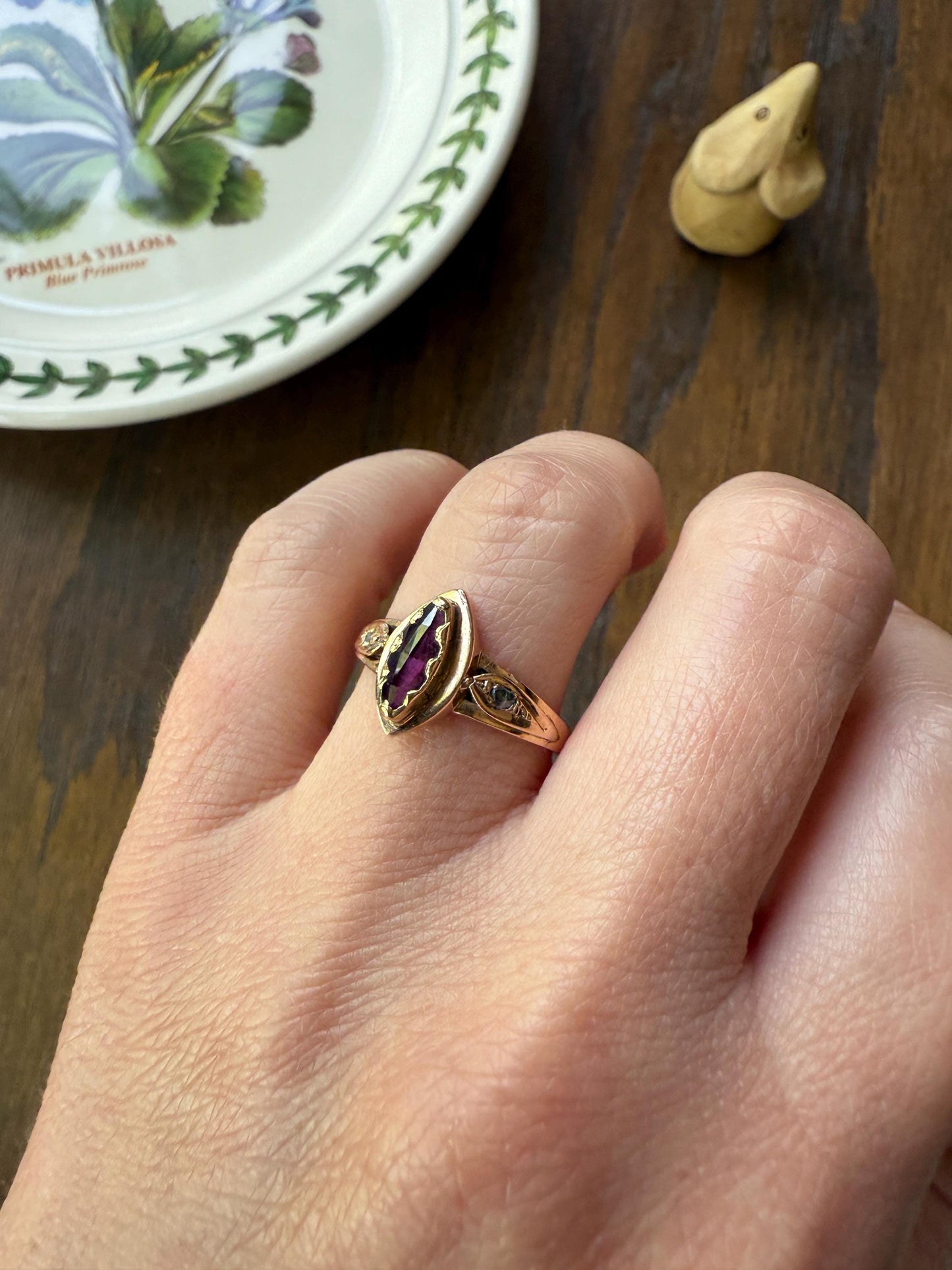 MARQUISE Perpignan GARNET Rose Cut Diamond Ring French 18k Gold Purplish Red Light Reflective Foil Back Geometric Stacker Romantic Gift