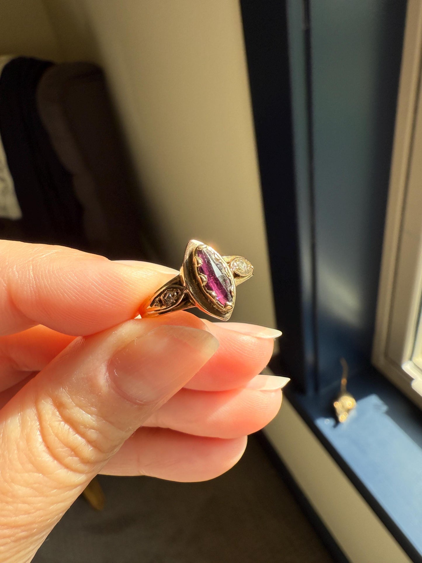 MARQUISE Perpignan GARNET Rose Cut Diamond Ring French 18k Gold Purplish Red Light Reflective Foil Back Geometric Stacker Romantic Gift