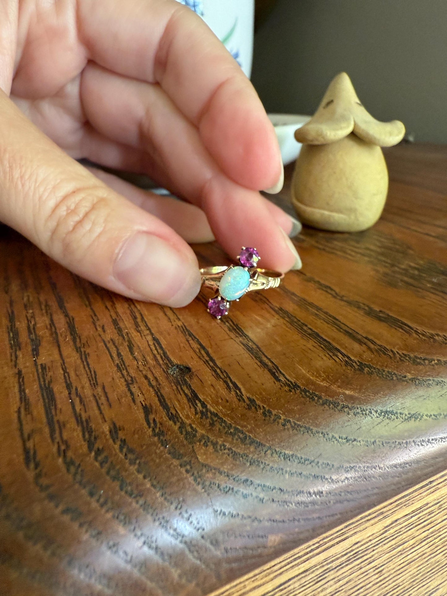 Blue Opal Angled Purple Rhodolite Garnet Antique Three Stone Ring Victorian Ring Ornate Stacker 10k Gold Linear Band Color Romantic Gift